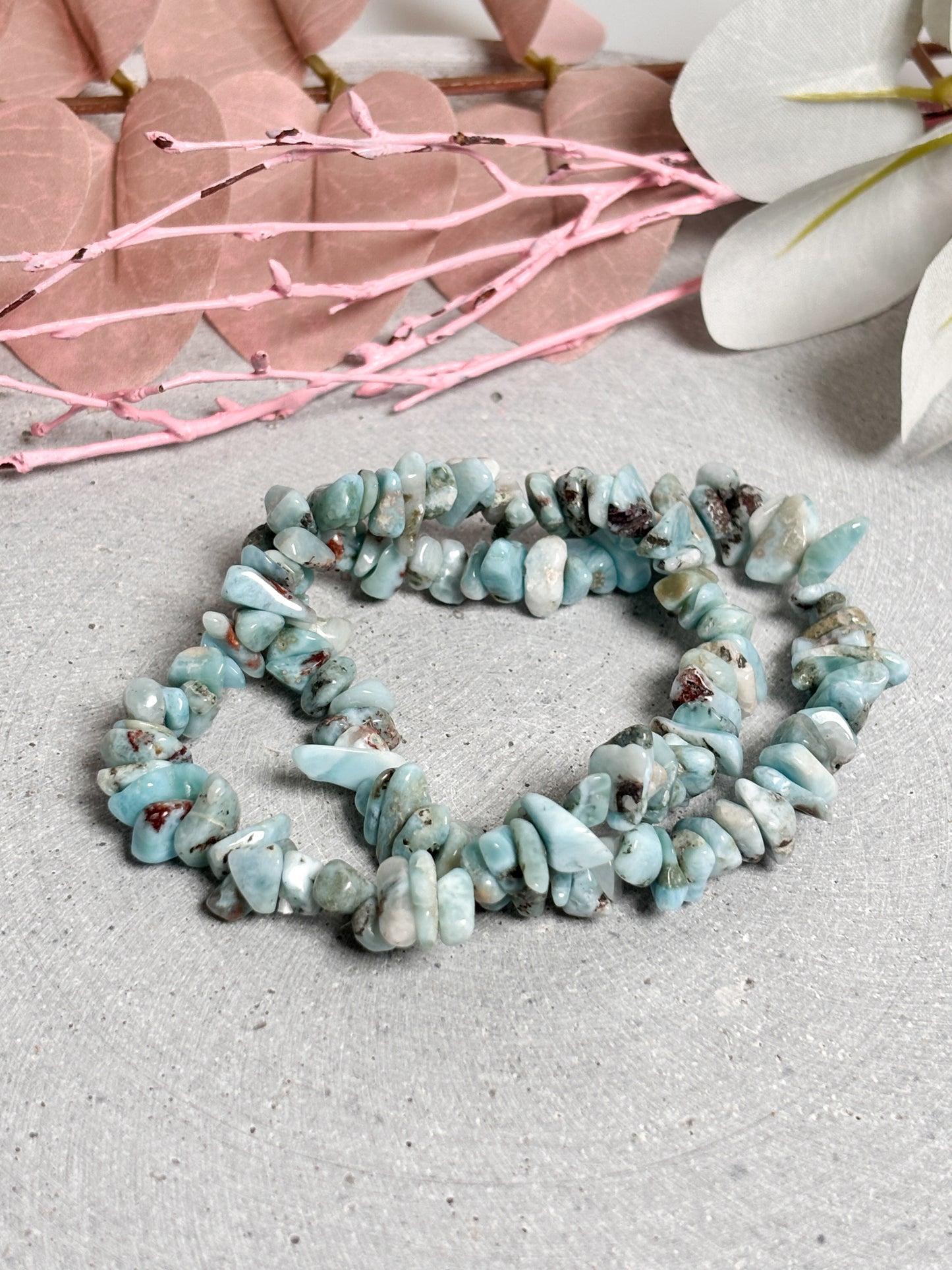 Handmade elastic larimar chips bracelet, 6mm, 17.5cm – Elegant natural stone jewelry for women