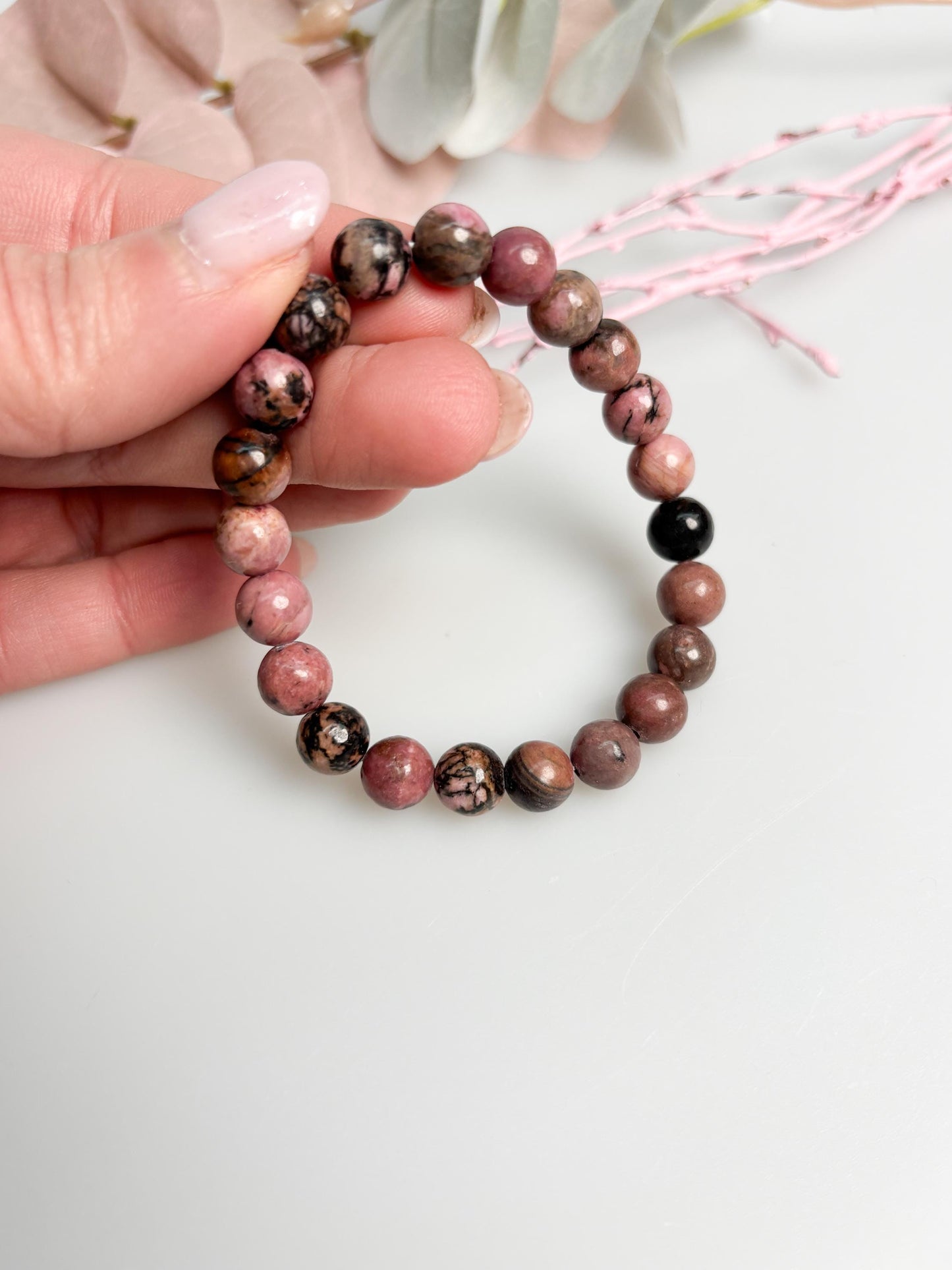 Rhodonit Armband 8mm elastisch aus Naturstein rosa