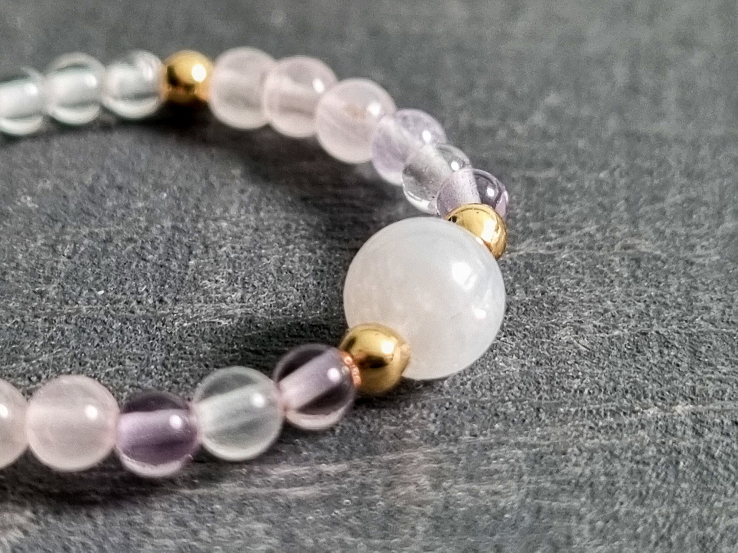 elastic ring moonstone, rose quartz, fluorite