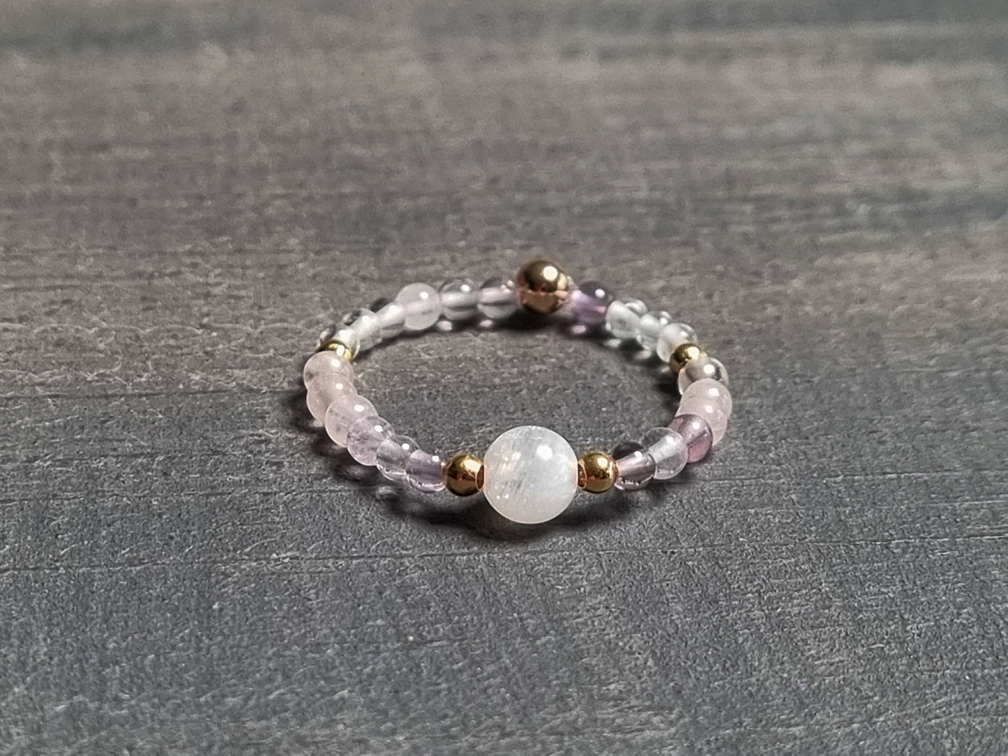 elastic ring moonstone, rose quartz, fluorite