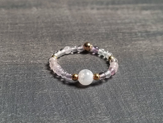 elastic ring moonstone, rose quartz, fluorite