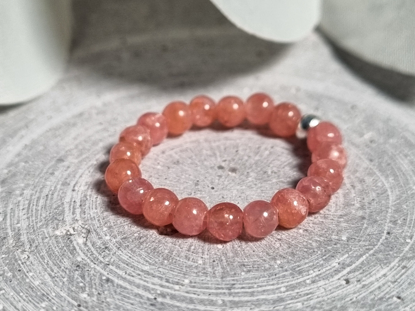 Handmade elastic rhodochrosite ring with delicate 3mm beads