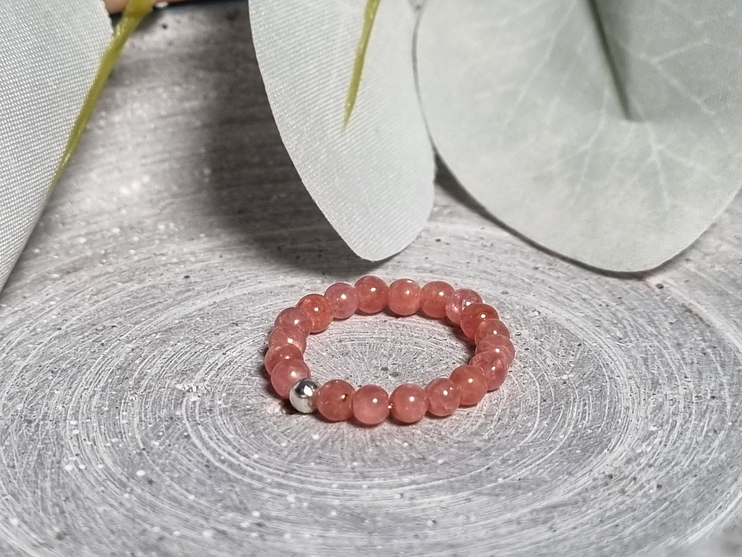 Handmade elastic rhodochrosite ring with delicate 3mm beads