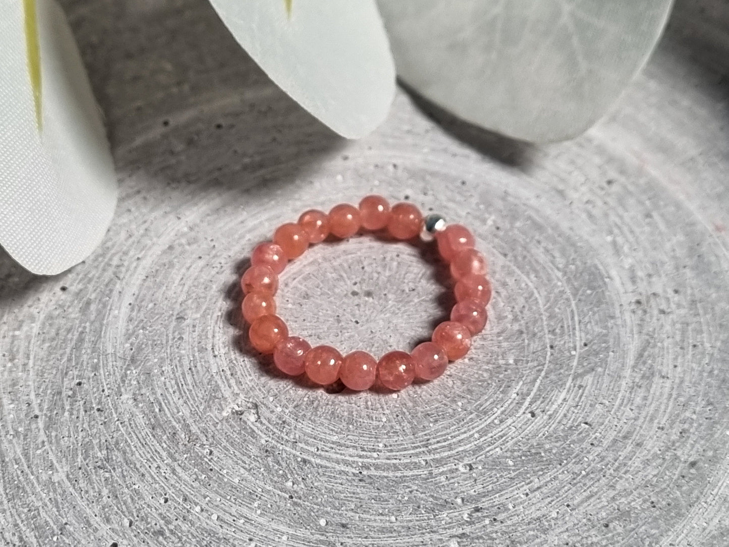 Handmade elastic rhodochrosite ring with delicate 3mm beads