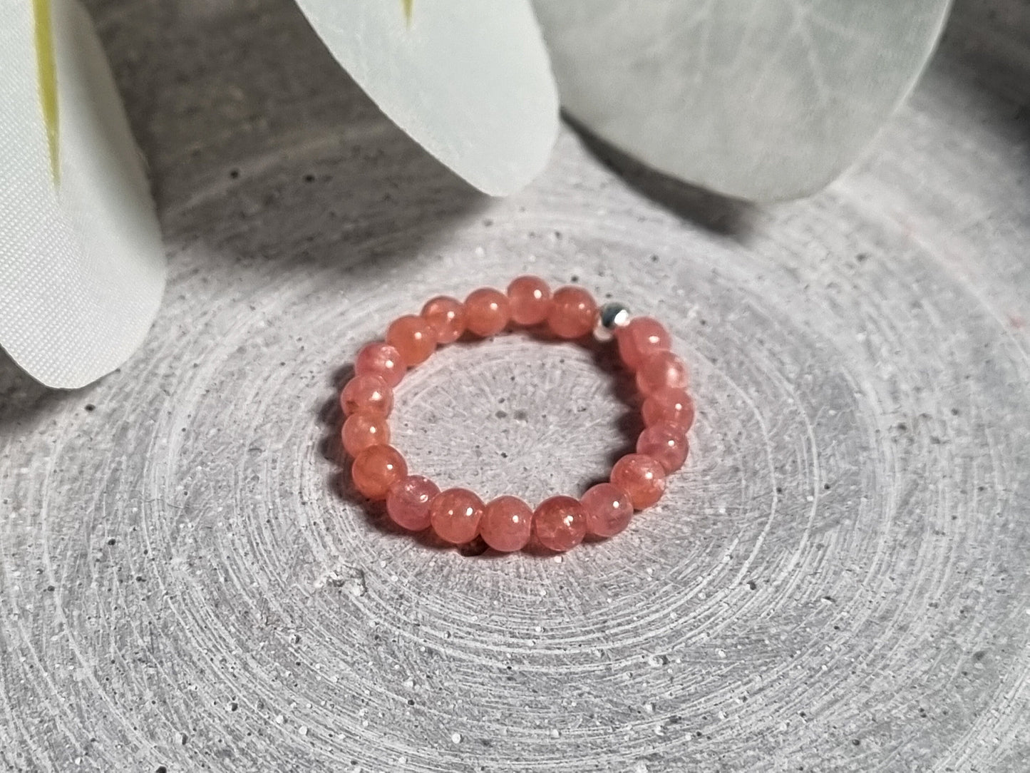 Handmade elastic rhodochrosite ring with delicate 3mm beads