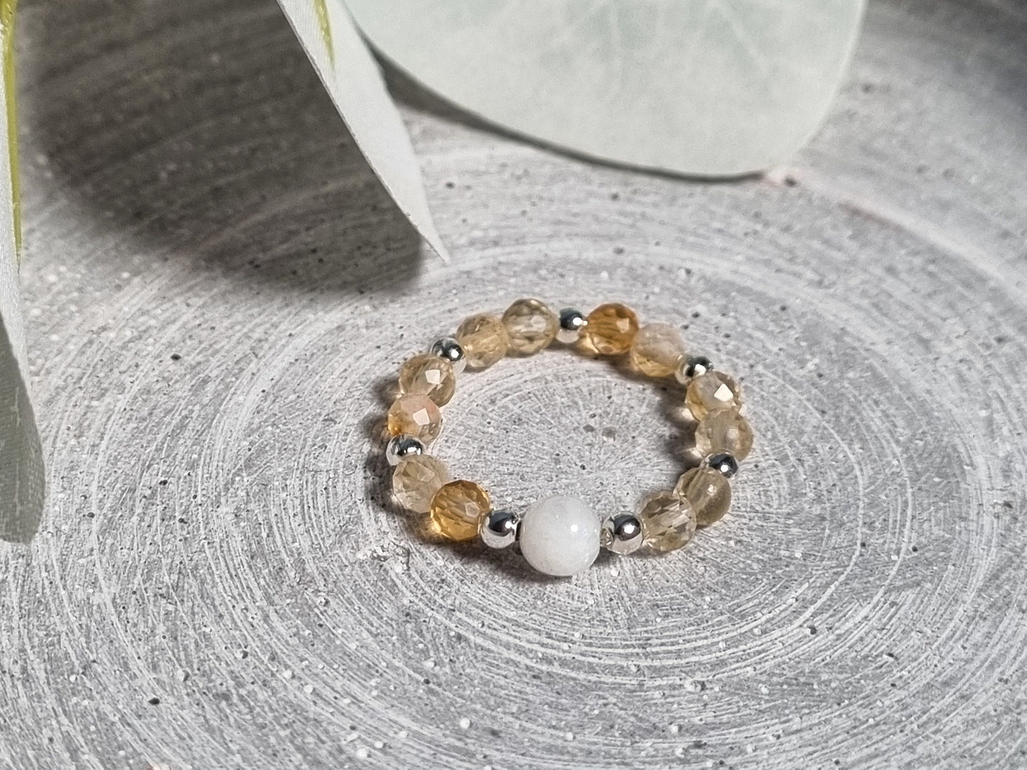 Elastic ring with citrine beads and large moonstone bead – Handmade gemstone jewelry 3mm| elastic| energy
