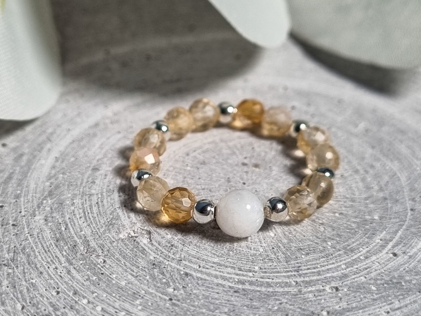 Elastic ring with citrine beads and large moonstone bead – Handmade gemstone jewelry 3mm| elastic| energy