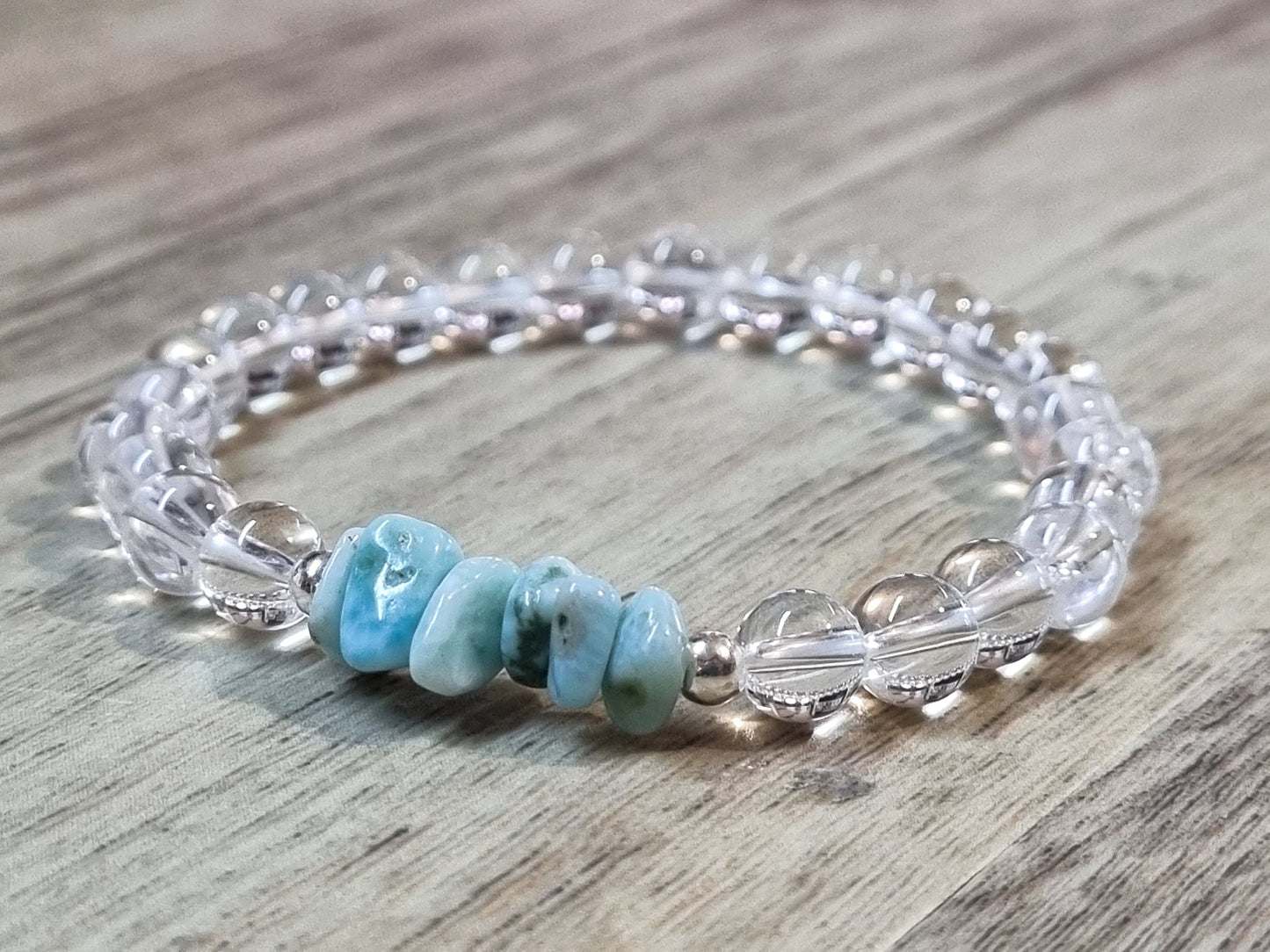 Larimar and rock crystal bracelet| 6mm pearls Larimar splinters| elastic pearl bracelet| healing stones for peace and balance