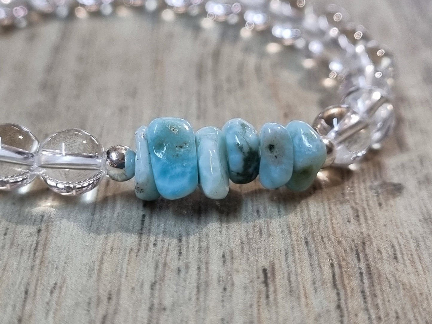 Larimar and rock crystal bracelet| 6mm pearls Larimar splinters| elastic pearl bracelet| healing stones for peace and balance