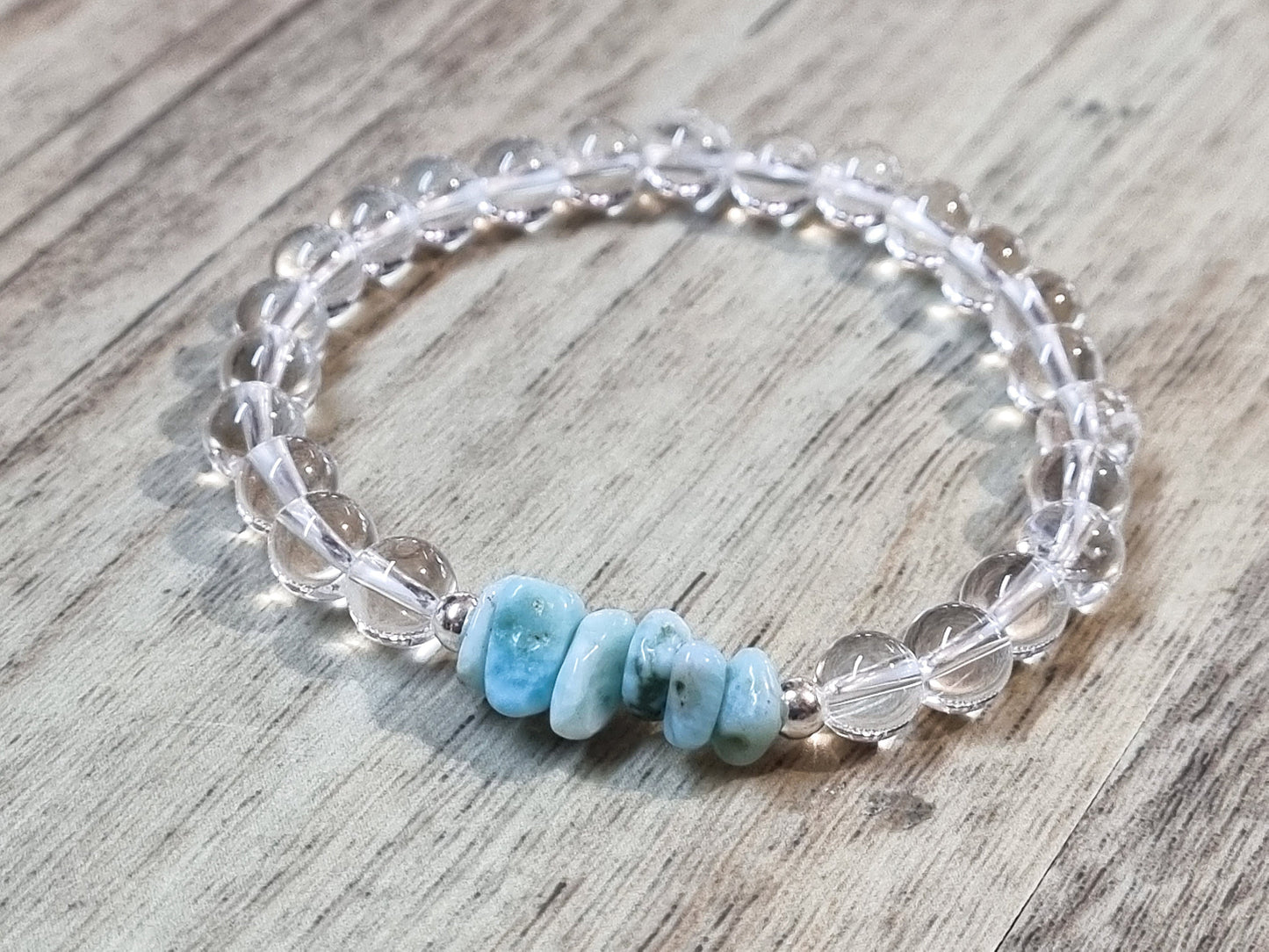 Larimar and rock crystal bracelet| 6mm pearls Larimar splinters| elastic pearl bracelet| healing stones for peace and balance
