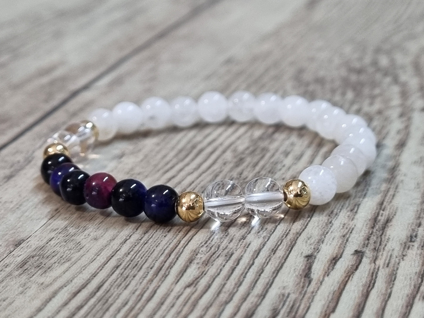 Power bracelet tiger eye, moonstone and rock crystal|elastic