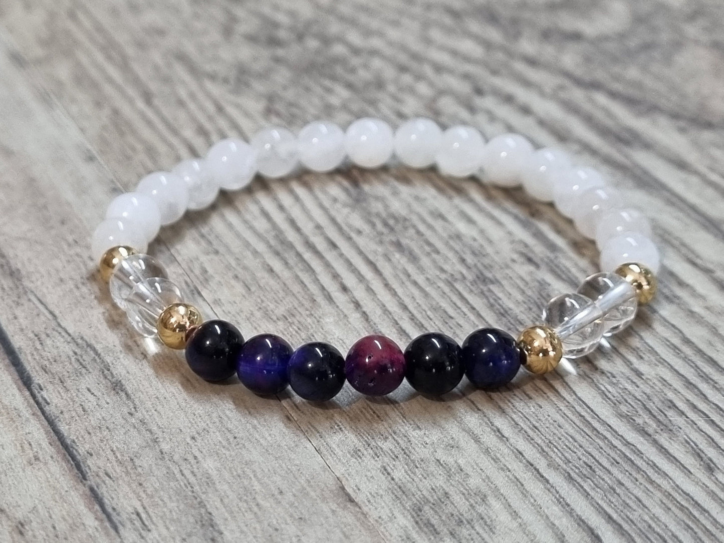 Power bracelet tiger eye, moonstone and rock crystal|elastic