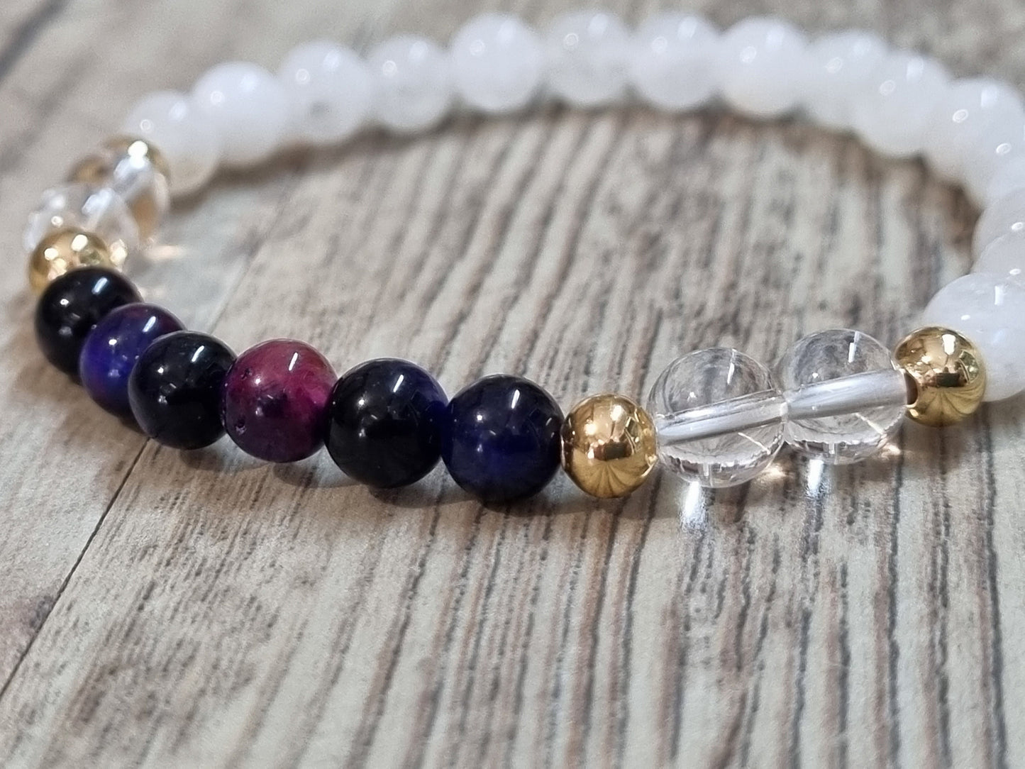 Power bracelet tiger eye, moonstone and rock crystal|elastic