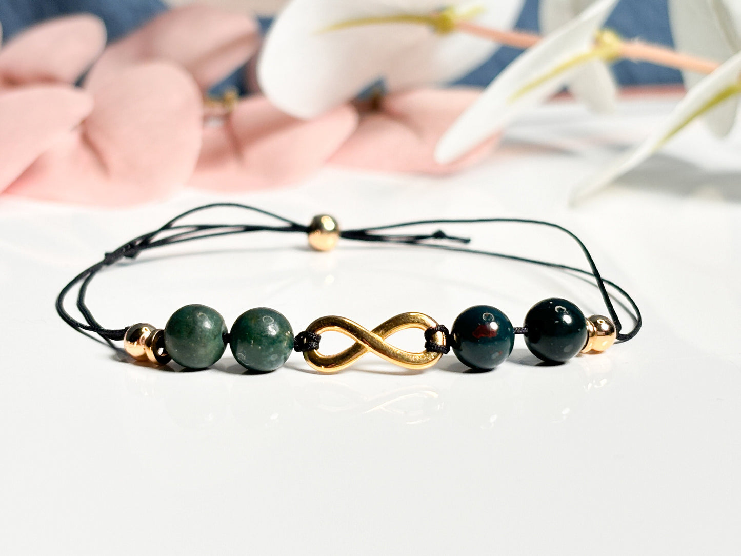 Heliotroparmband mit Unendlichkeitszeichen| 6mm| Verschlussperle|grün|gold| zart
