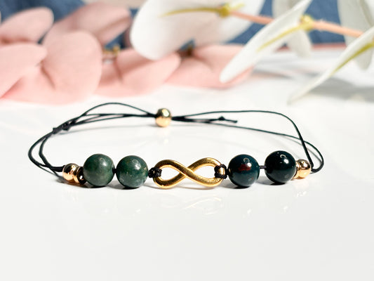 Heliotroparmband mit Unendlichkeitszeichen| 6mm| Verschlussperle|grün|gold| zart