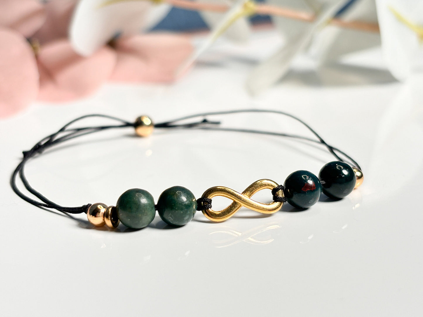 Heliotroparmband mit Unendlichkeitszeichen| 6mm| Verschlussperle|grün|gold| zart
