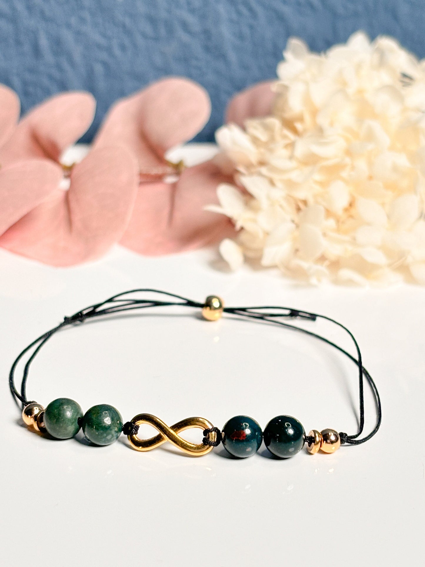 Heliotroparmband mit Unendlichkeitszeichen| 6mm| Verschlussperle|grün|gold| zart
