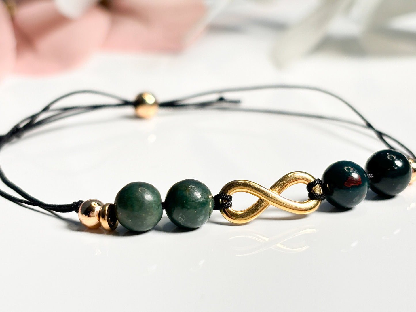 Heliotroparmband mit Unendlichkeitszeichen| 6mm| Verschlussperle|grün|gold| zart