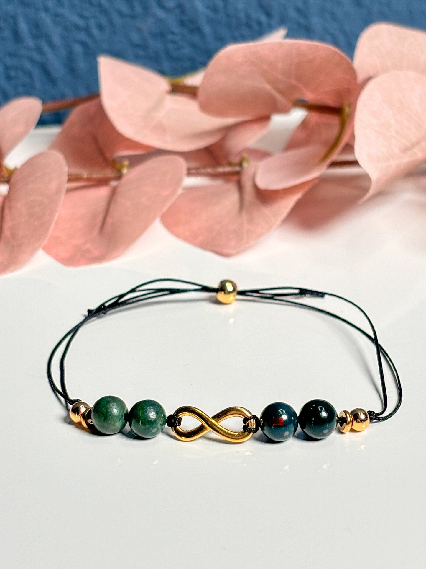 Heliotroparmband mit Unendlichkeitszeichen| 6mm| Verschlussperle|grün|gold| zart