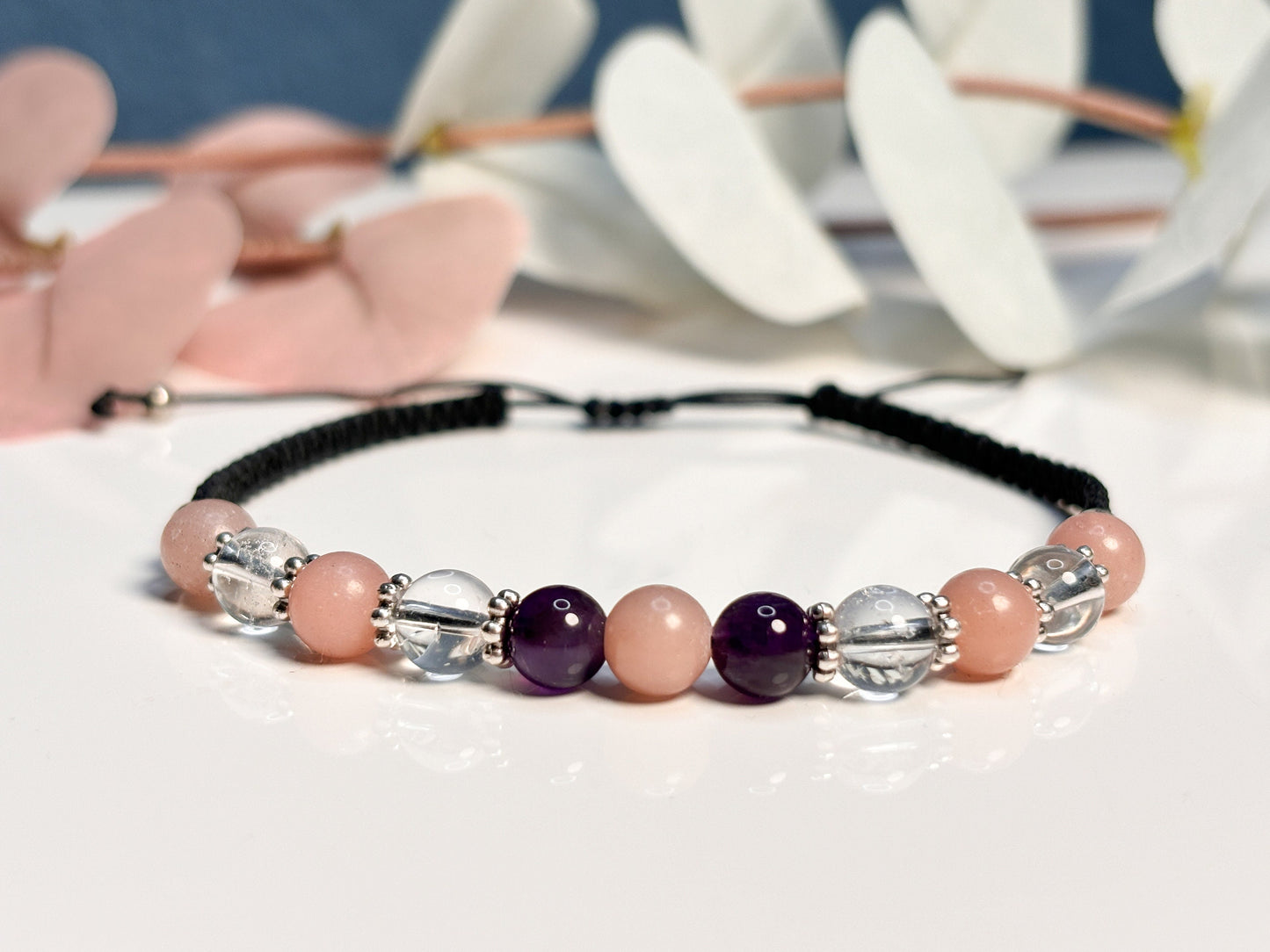 Bracelet rock crystal, amethyst and Andean opal|6mm|macrame|pink|black