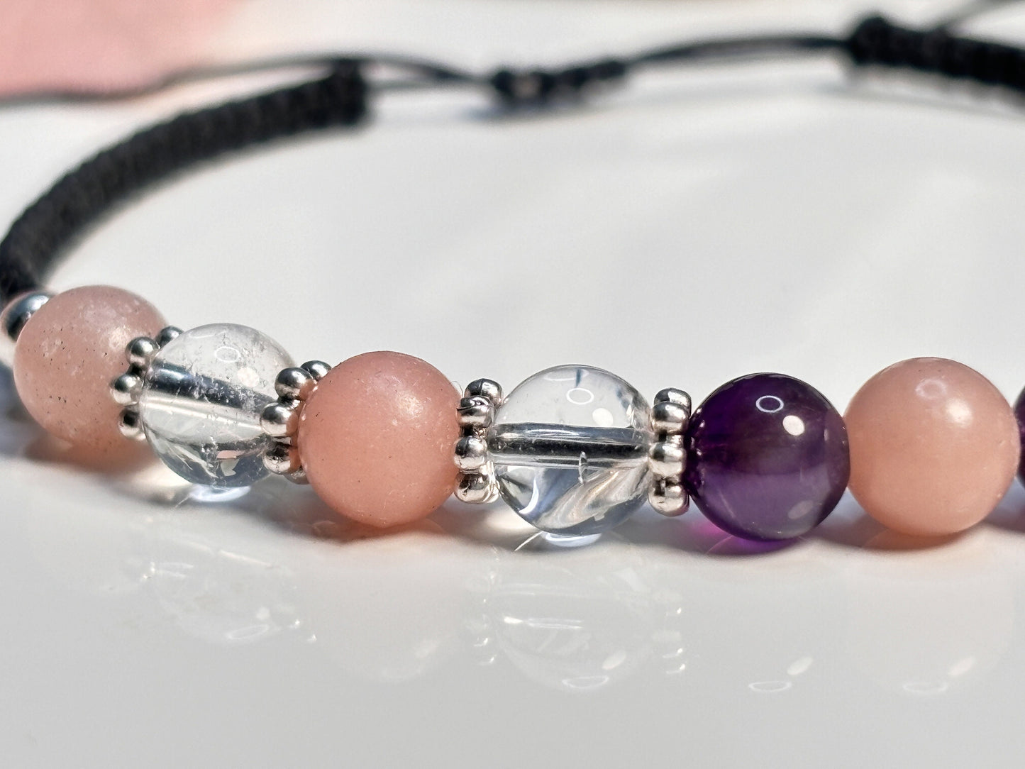 Bracelet rock crystal, amethyst and Andean opal|6mm|macrame|pink|black