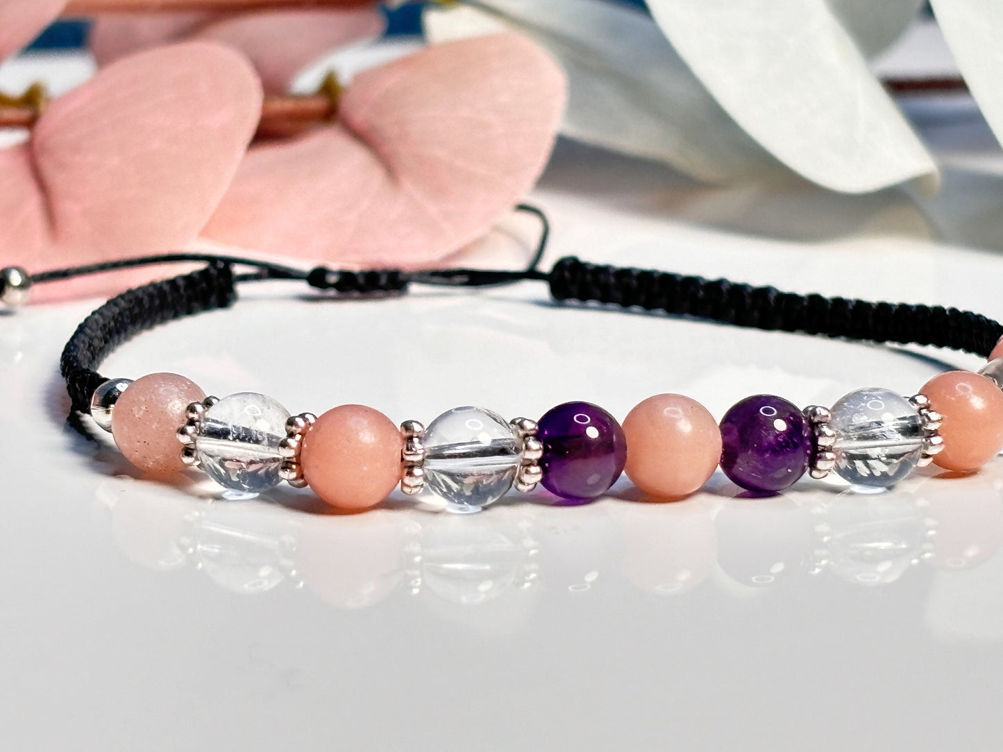 Bracelet rock crystal, amethyst and Andean opal|6mm|macrame|pink|black