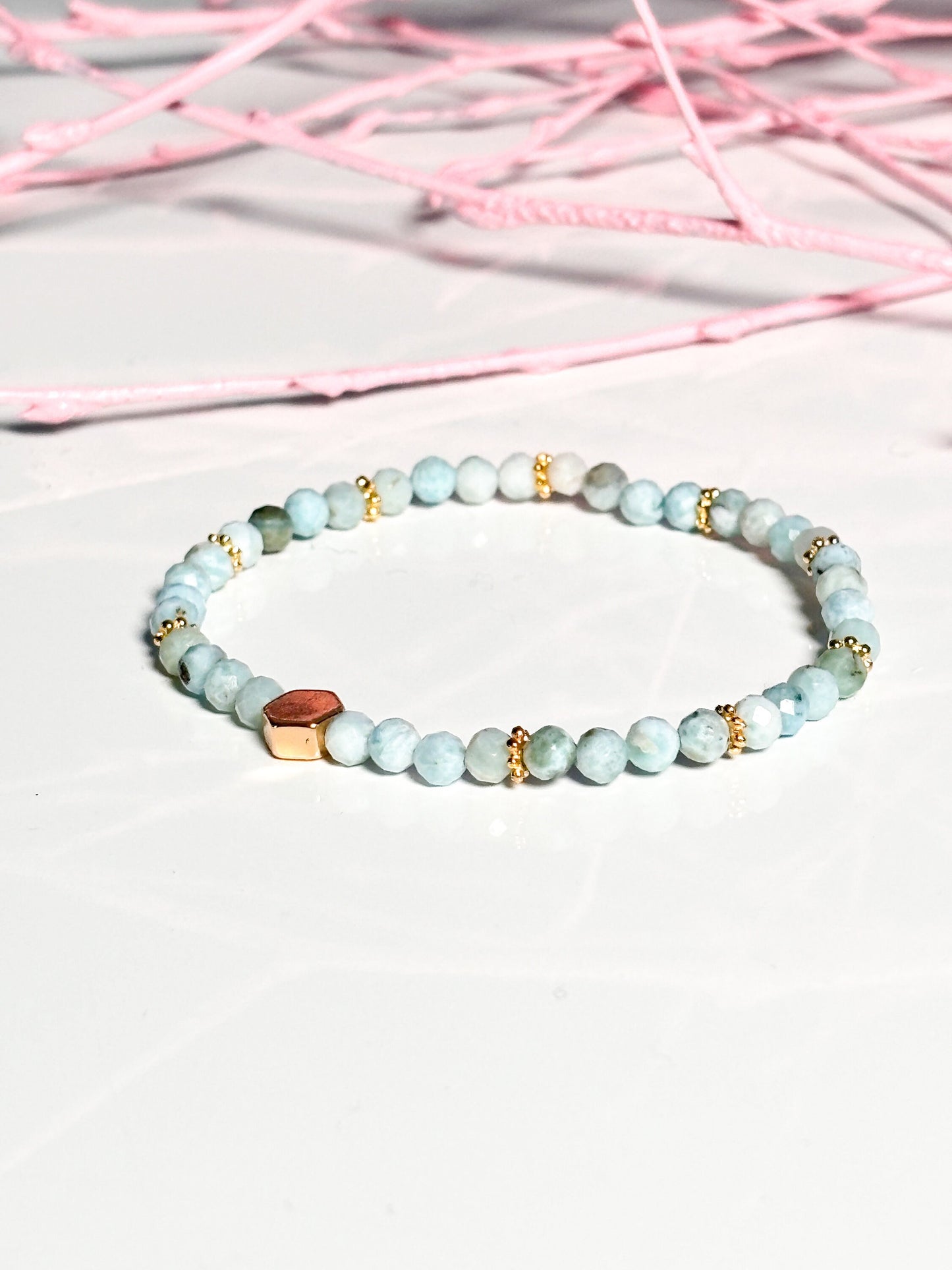 delicate Larimar bracelet|4mm| balance and harmony| elastic| light blue