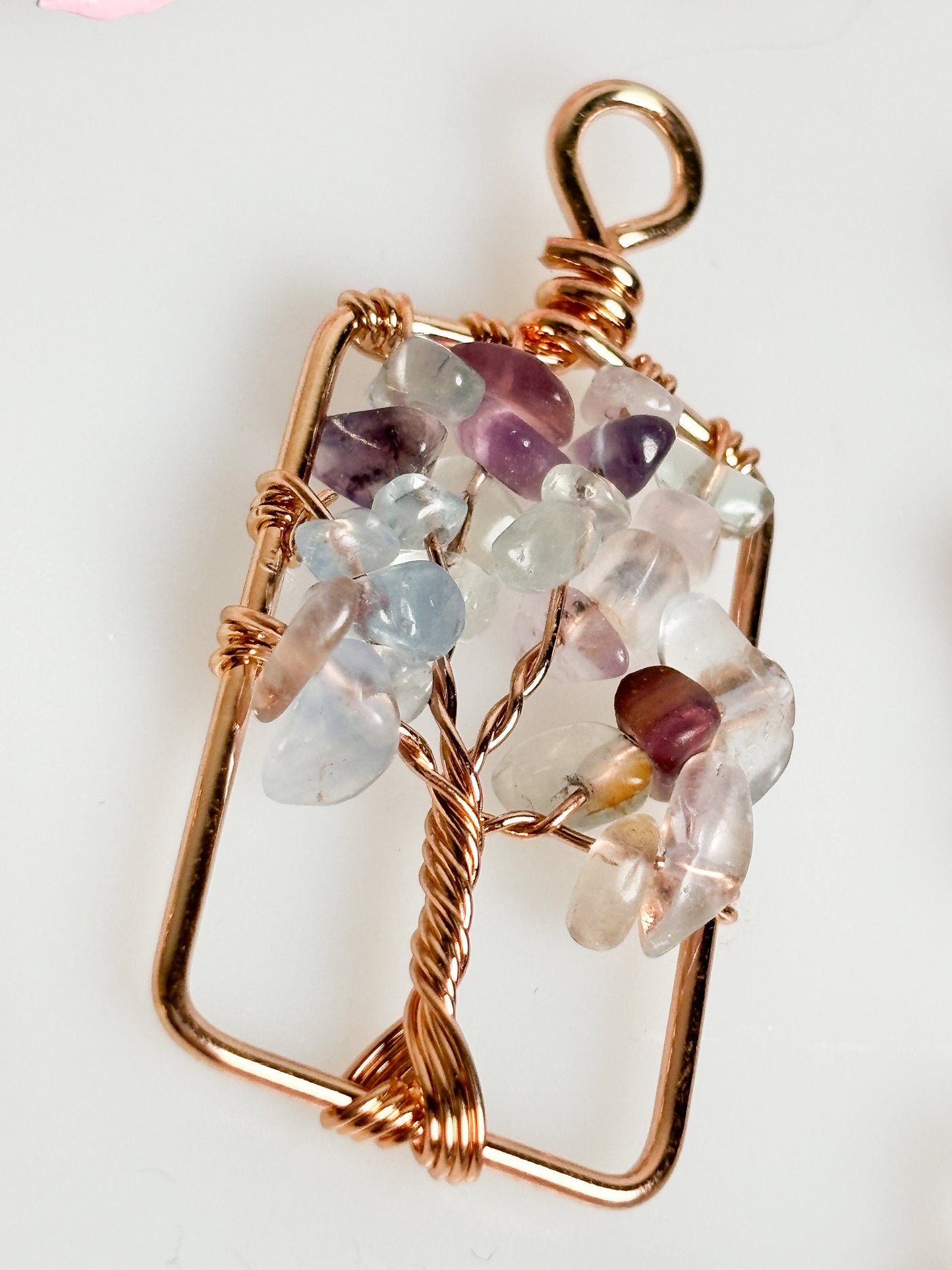 Golden Tree of Life pendant with small fluorite crystals