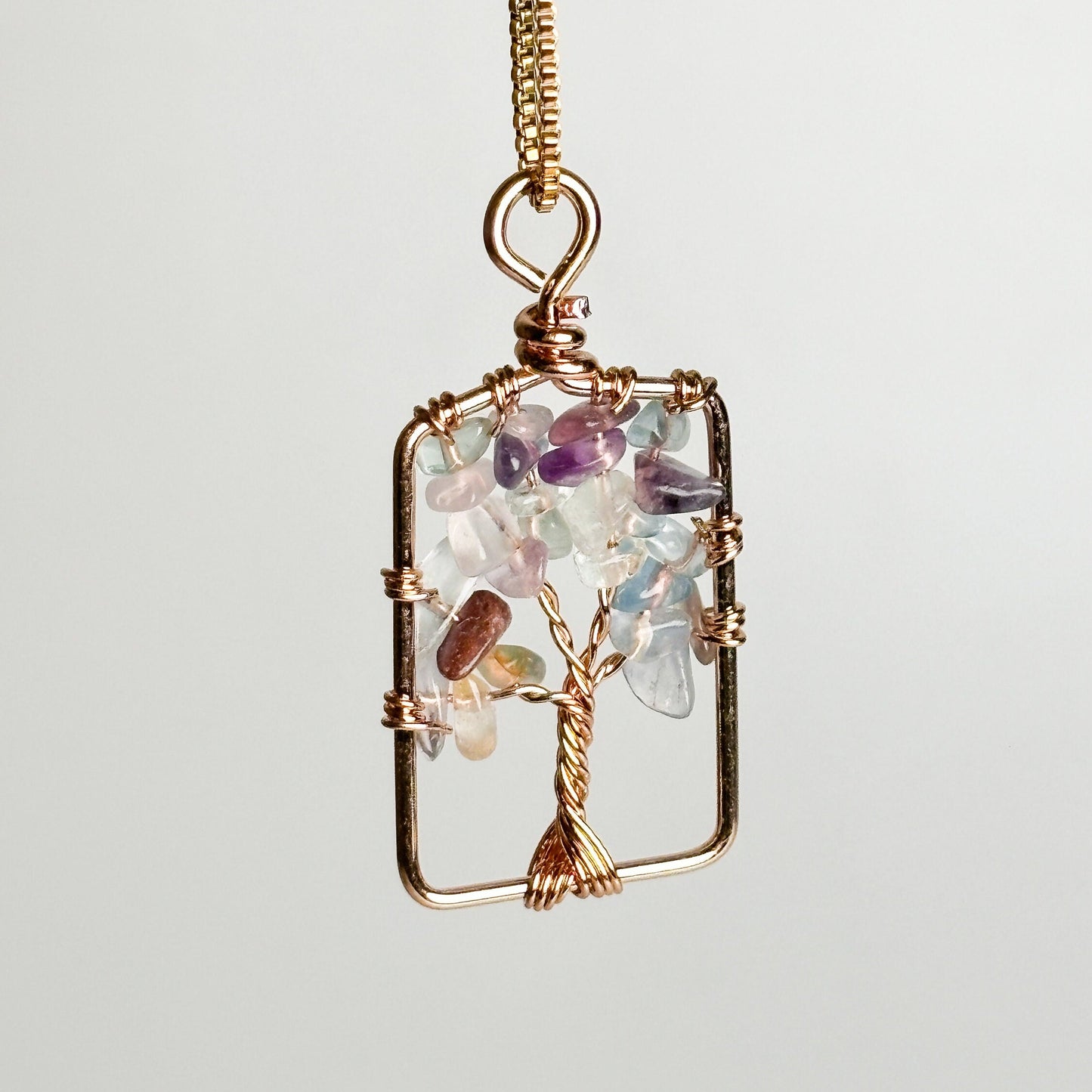 Golden Tree of Life pendant with small fluorite crystals