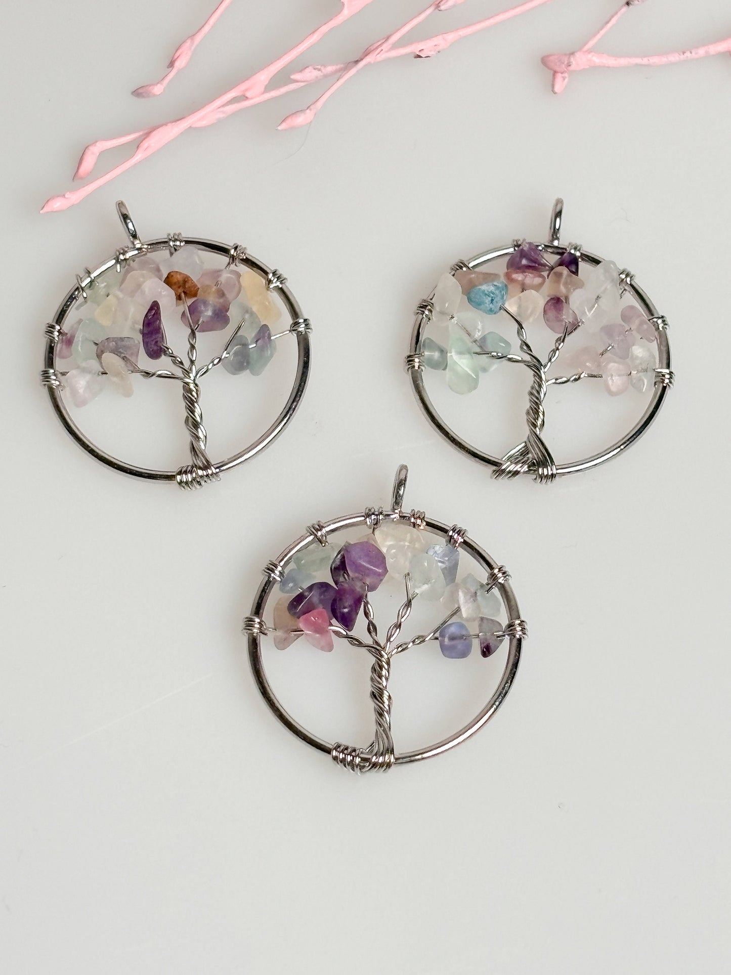 Round Tree of Life pendant with fluorite chips
