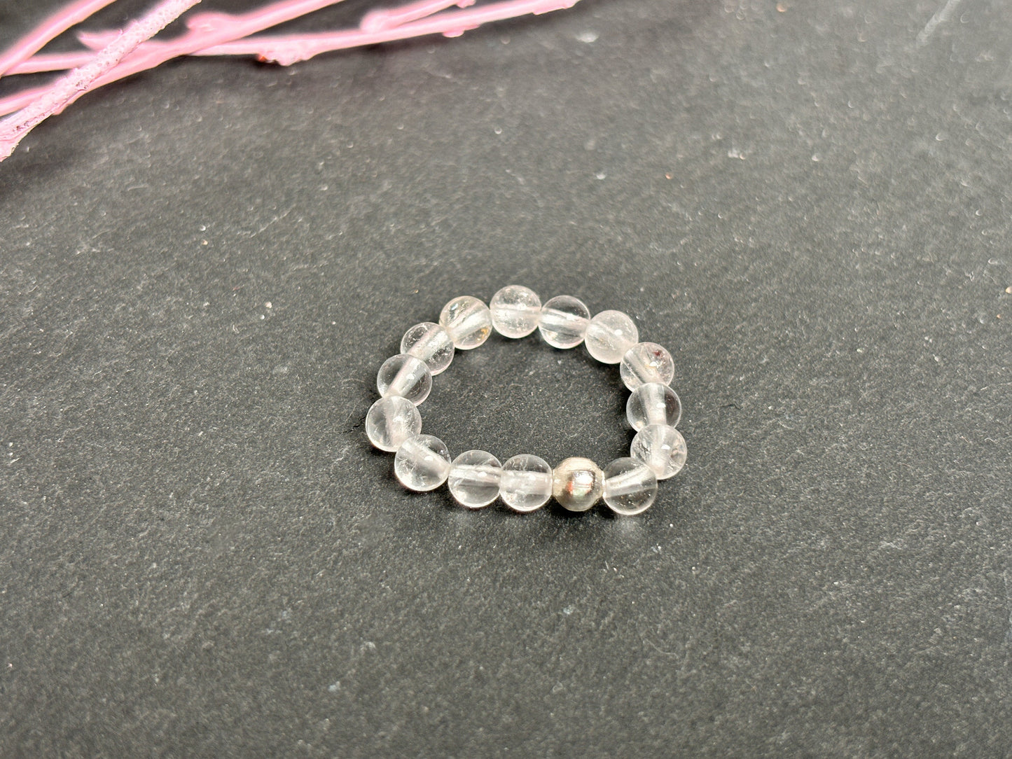 Elastic ring with 3mm rock crystal beads - natural elegance on your finger