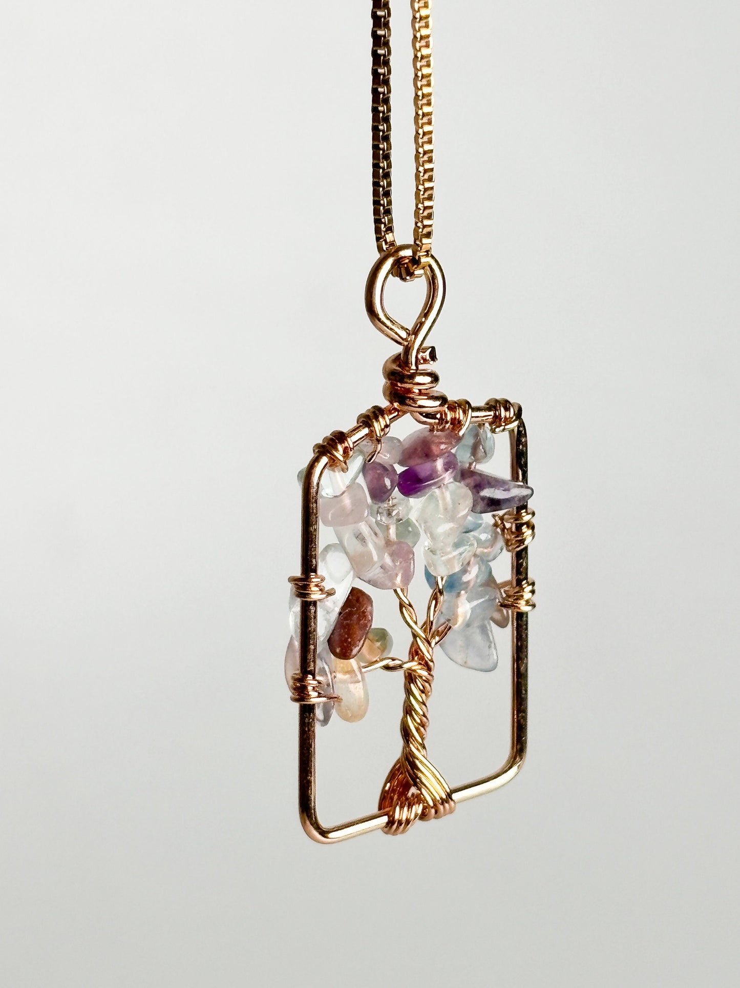 Golden Tree of Life pendant with small fluorite crystals