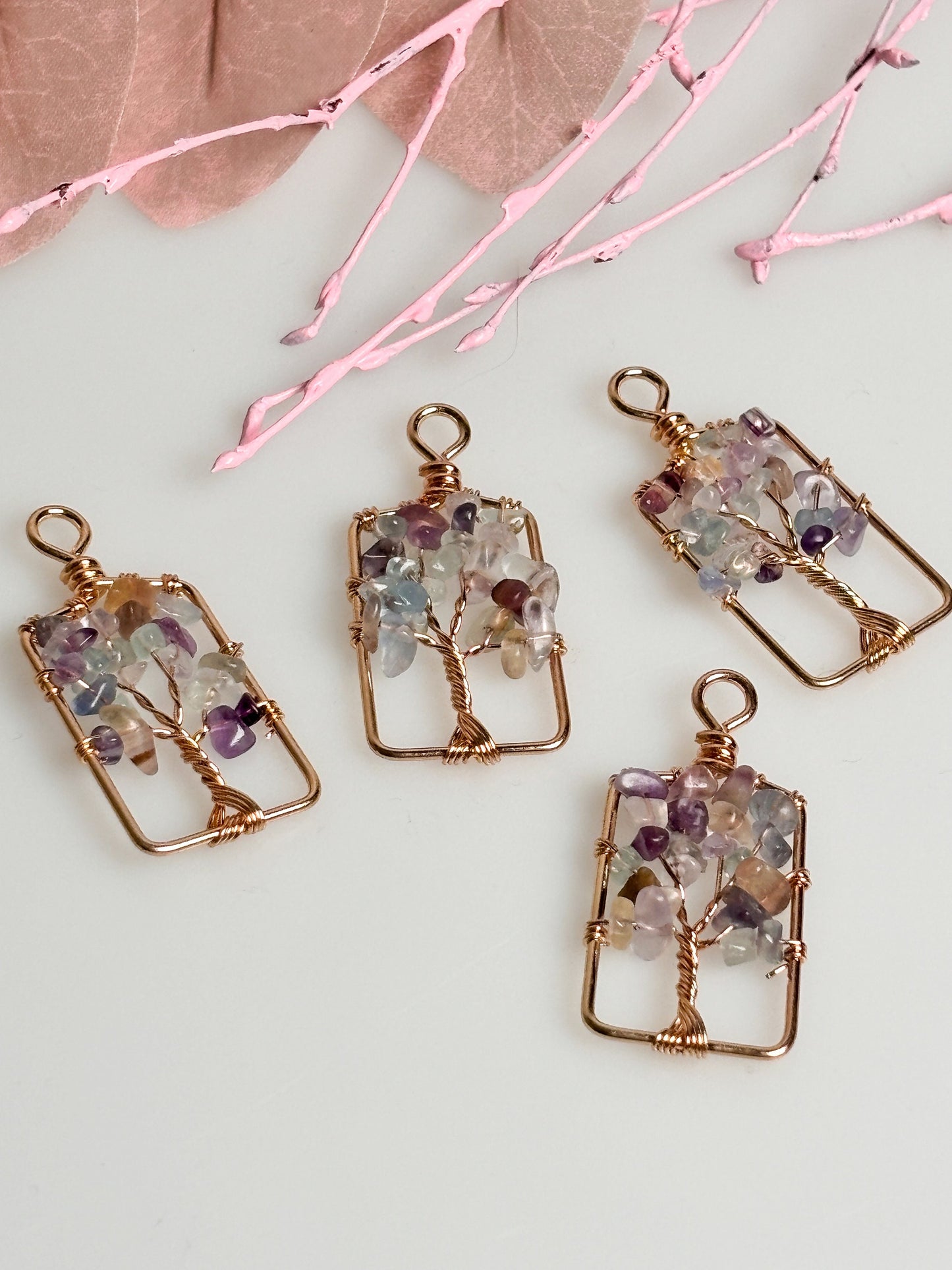 Golden Tree of Life pendant with small fluorite crystals