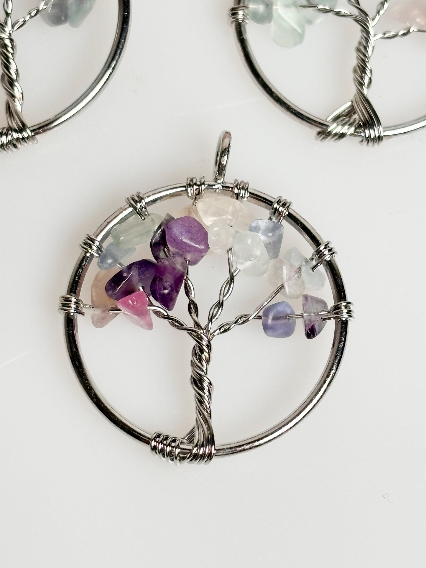 Round Tree of Life pendant with fluorite chips