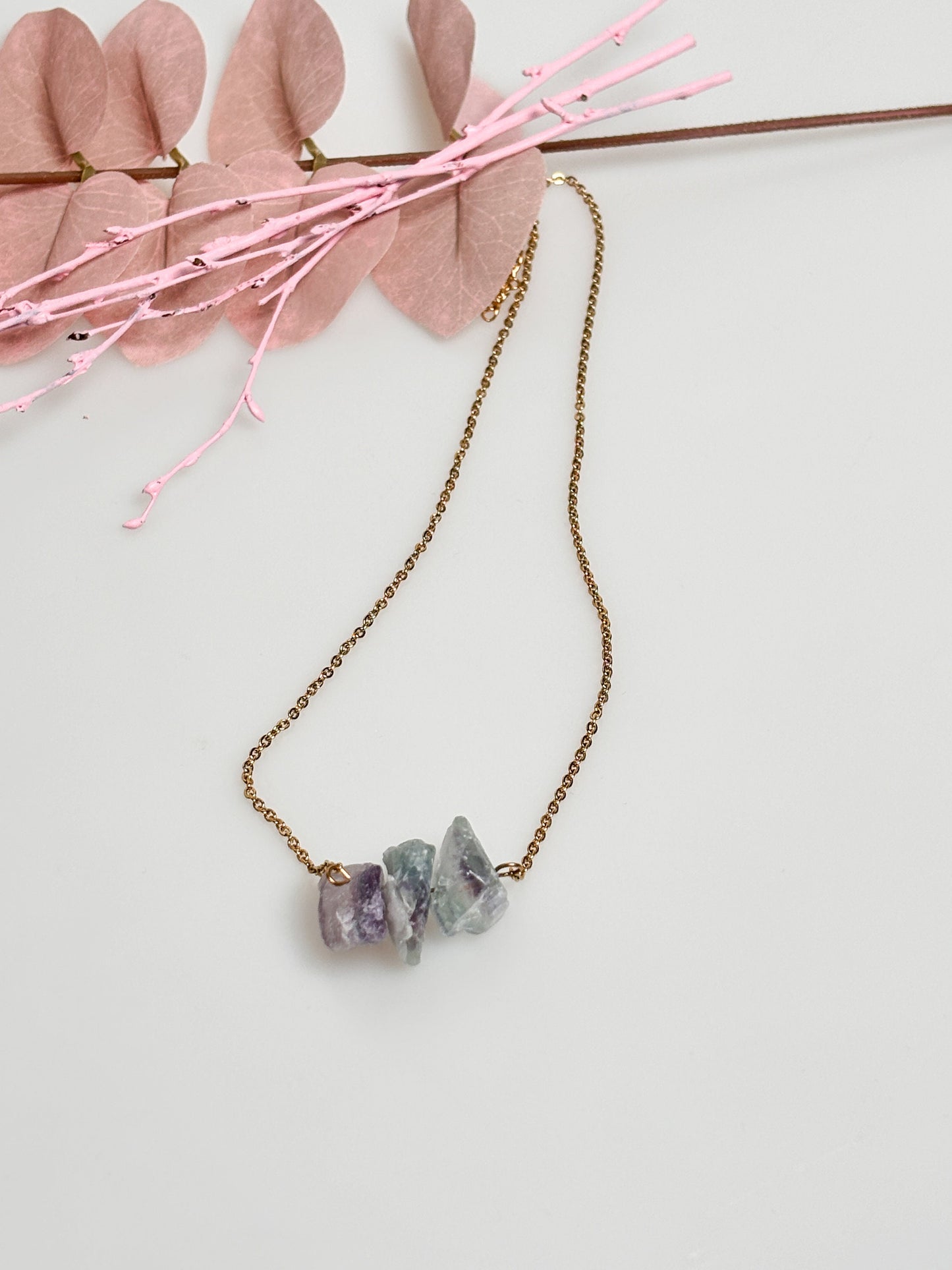 Rainbow fluorite raw stone necklace in gold | stainless steel