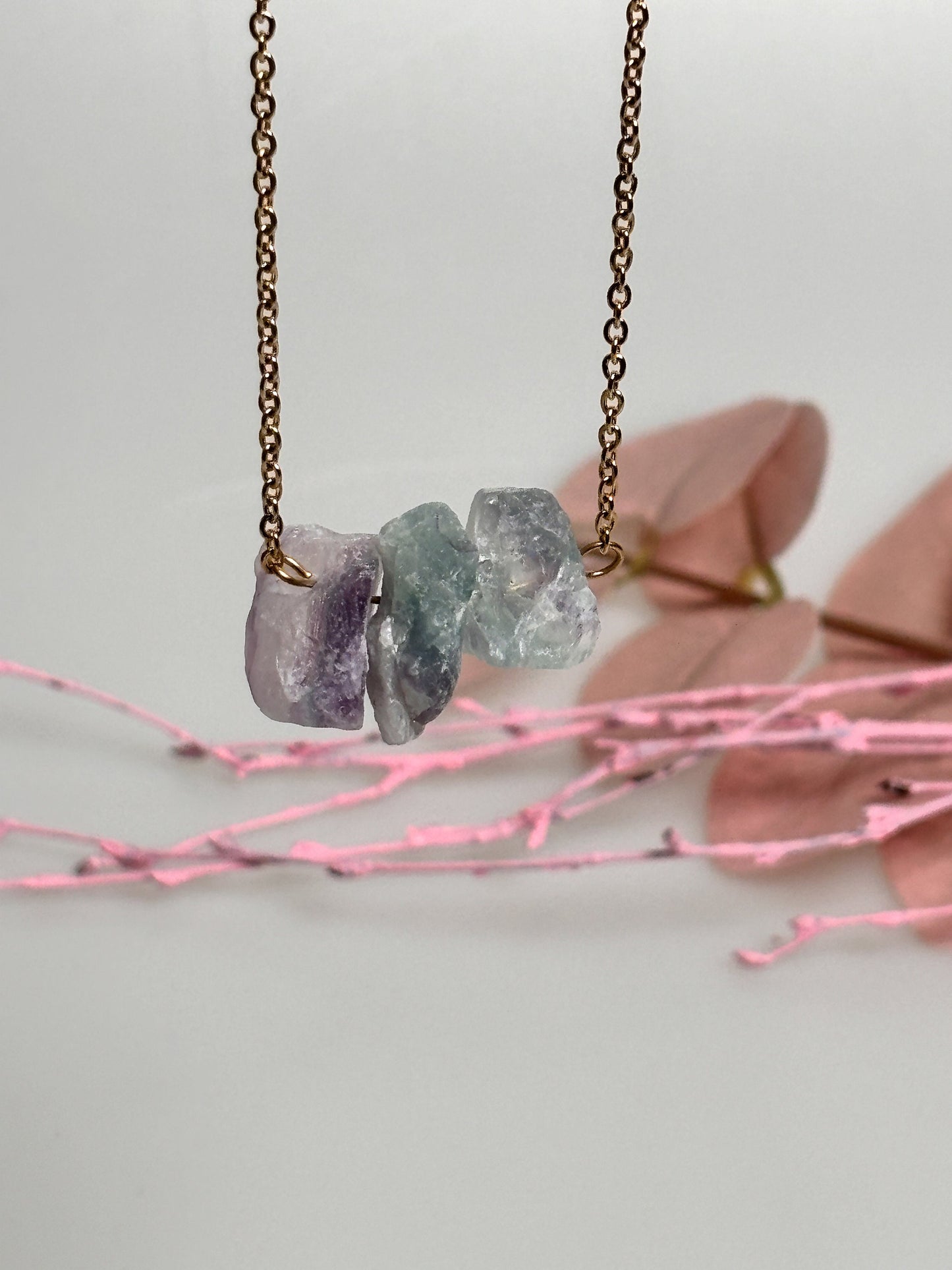 Rainbow fluorite raw stone necklace in gold | stainless steel