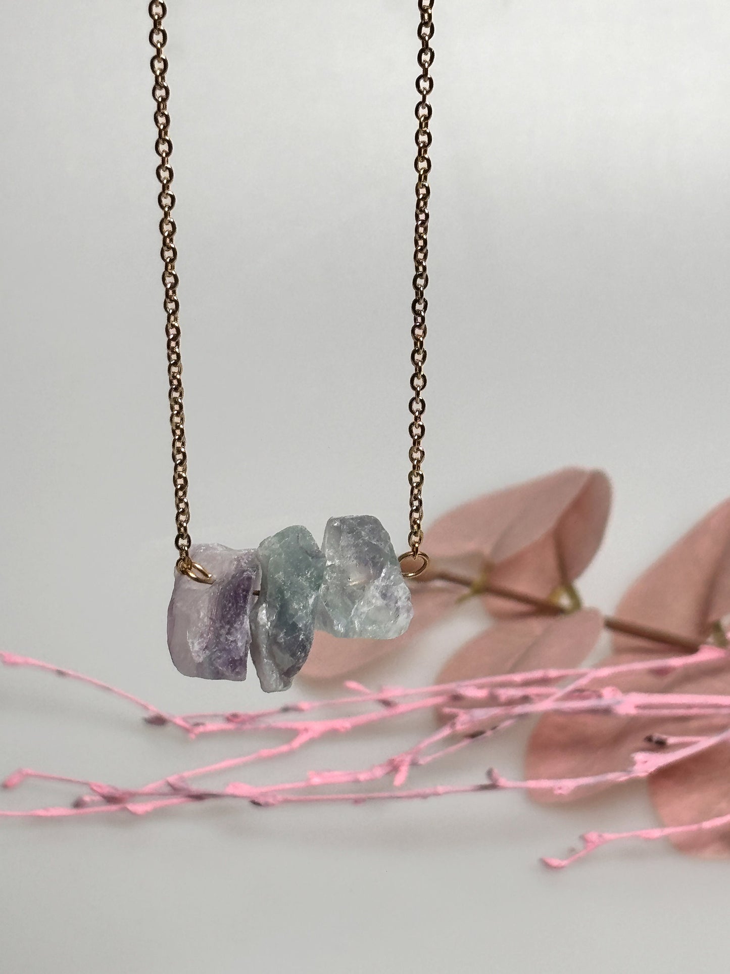 Rainbow fluorite raw stone necklace in gold | stainless steel