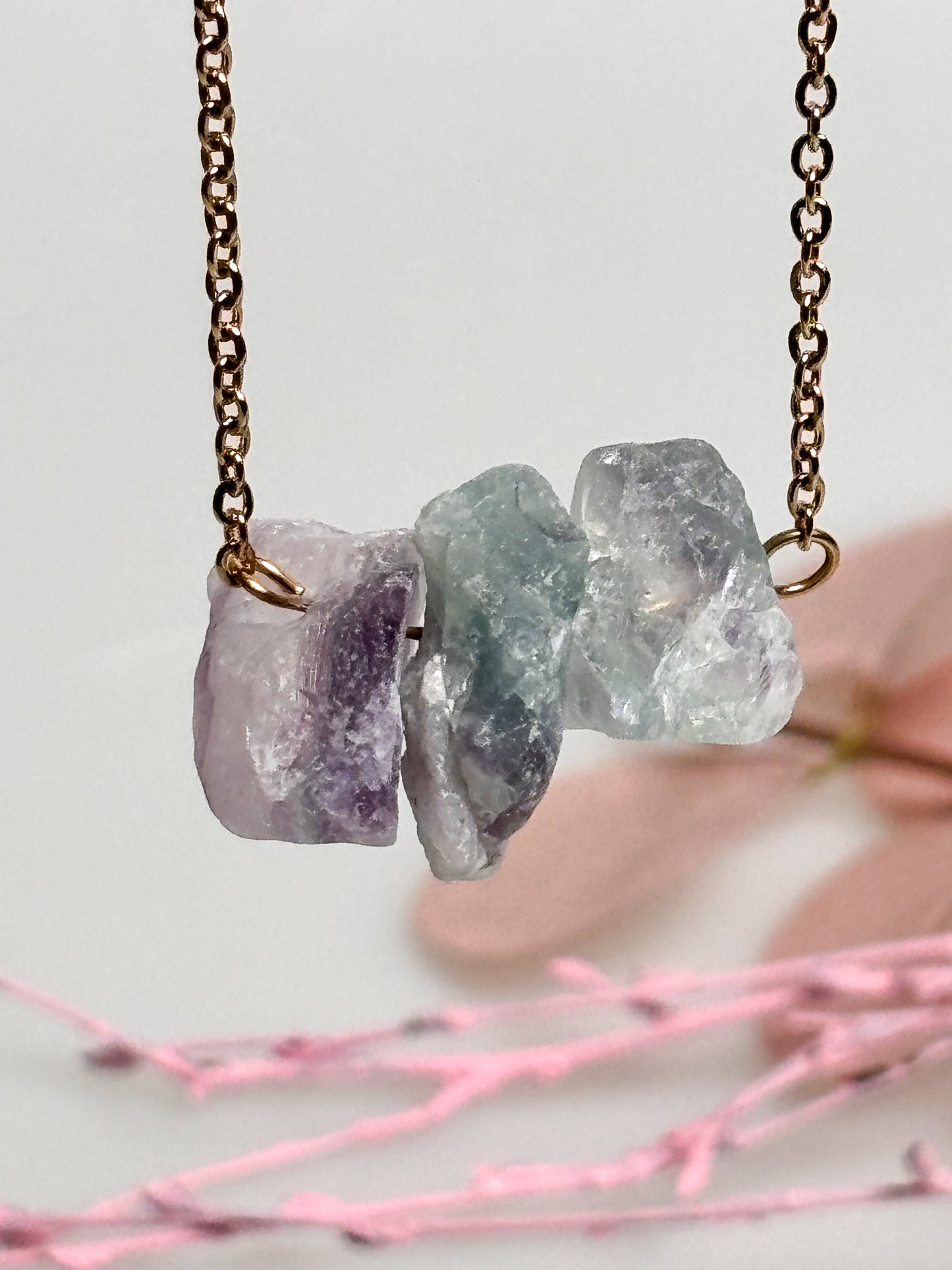 Rainbow fluorite raw stone necklace in gold | stainless steel
