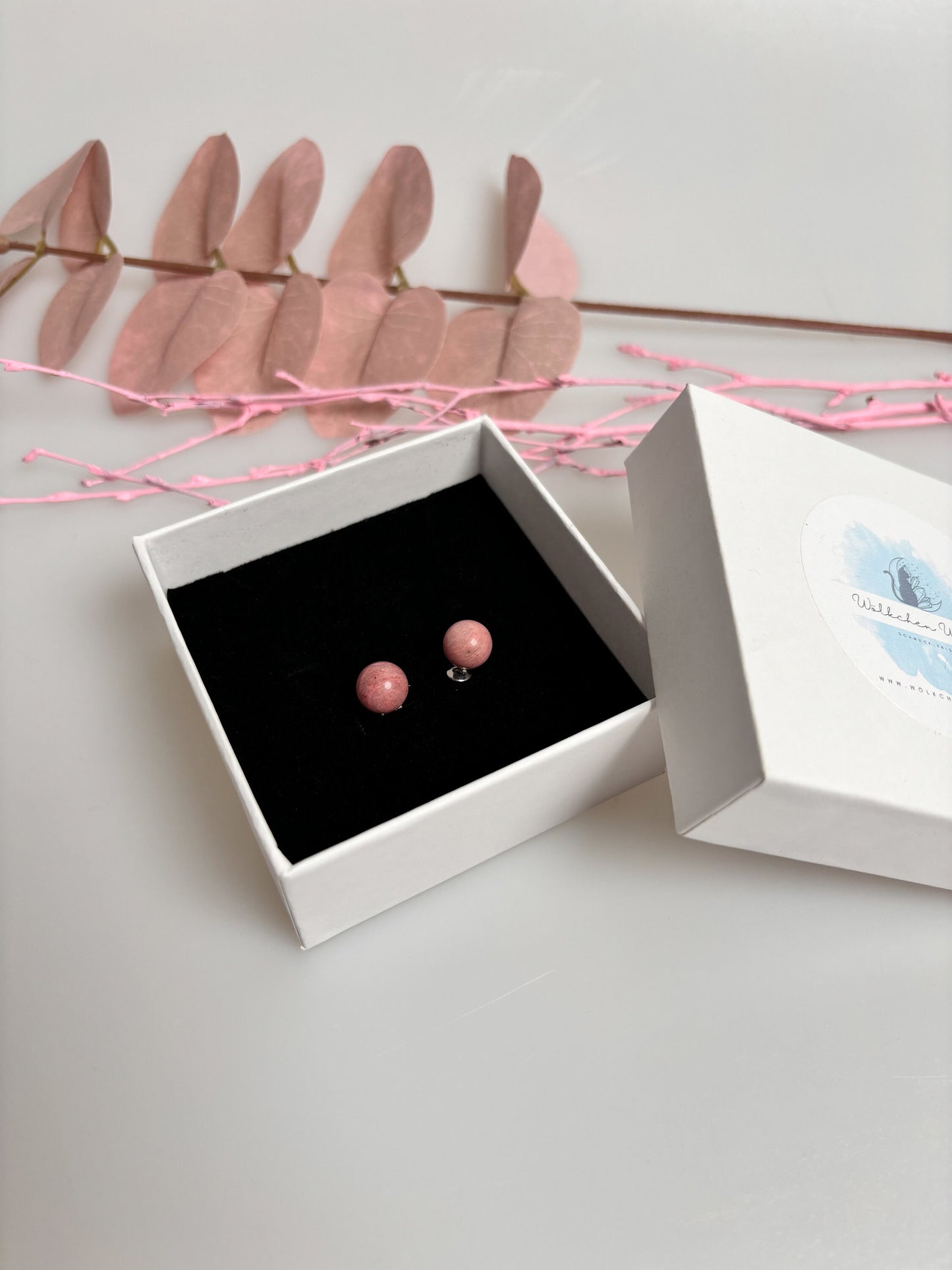 Stainless steel stud earrings with 8mm rhodonite beads - natural jewelry for every day
