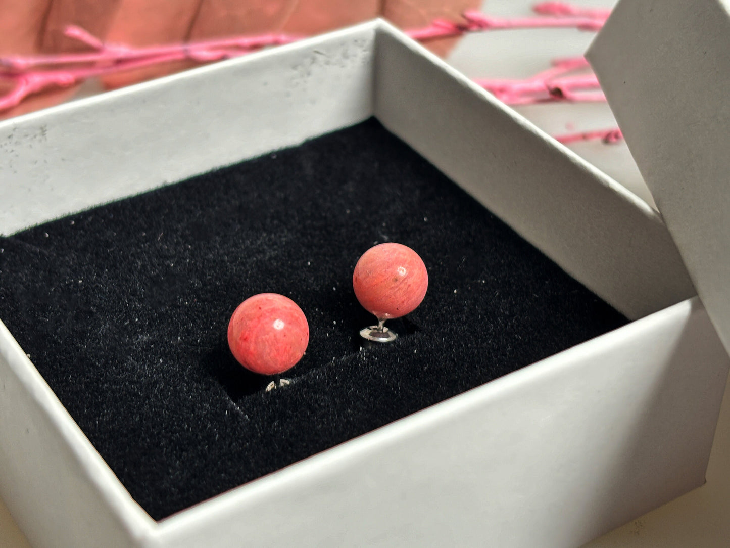 Stainless steel stud earrings with 8mm rhodonite beads - natural jewelry for every day