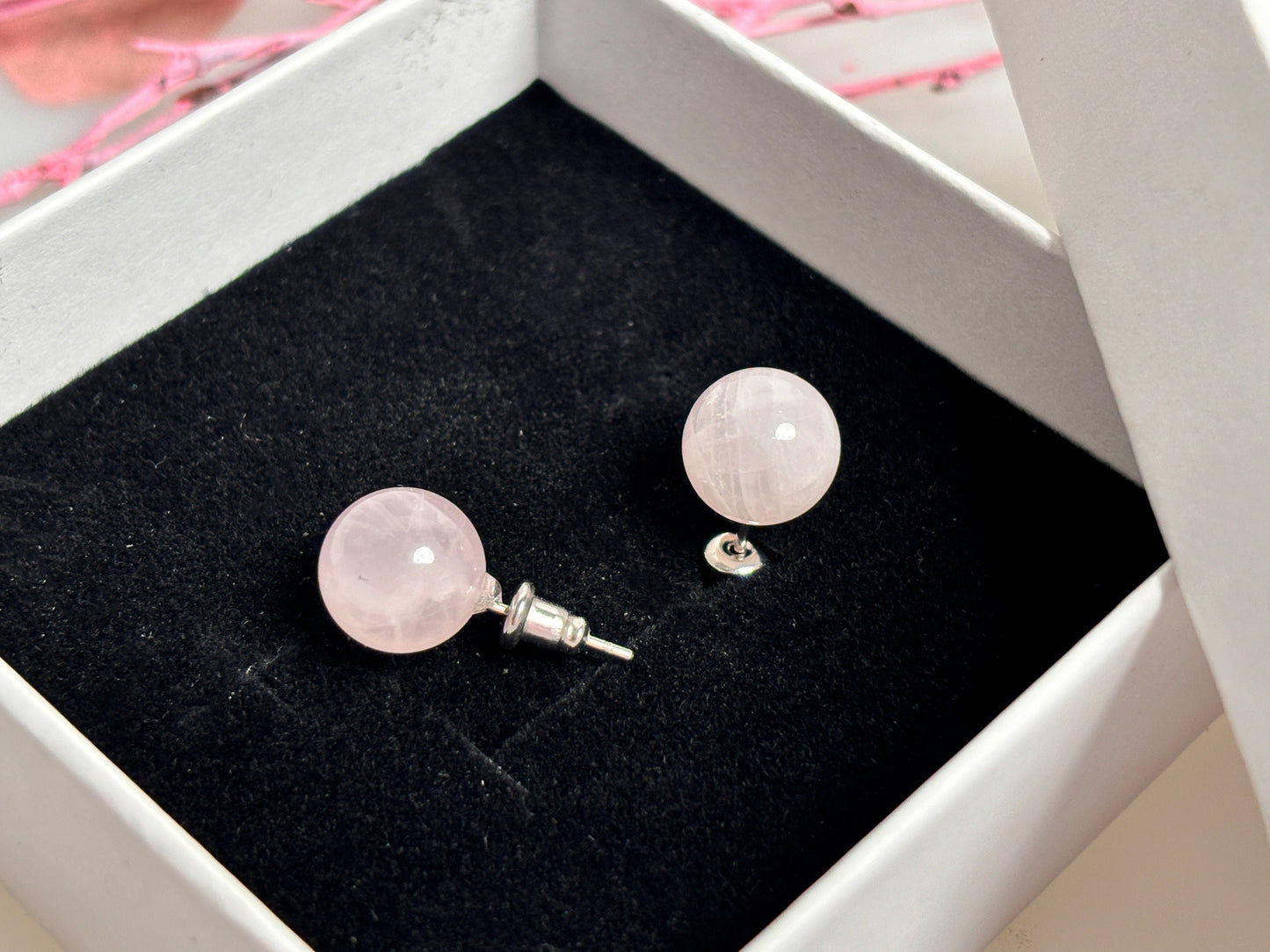 Stainless steel earrings with 8mm rose quartz beads