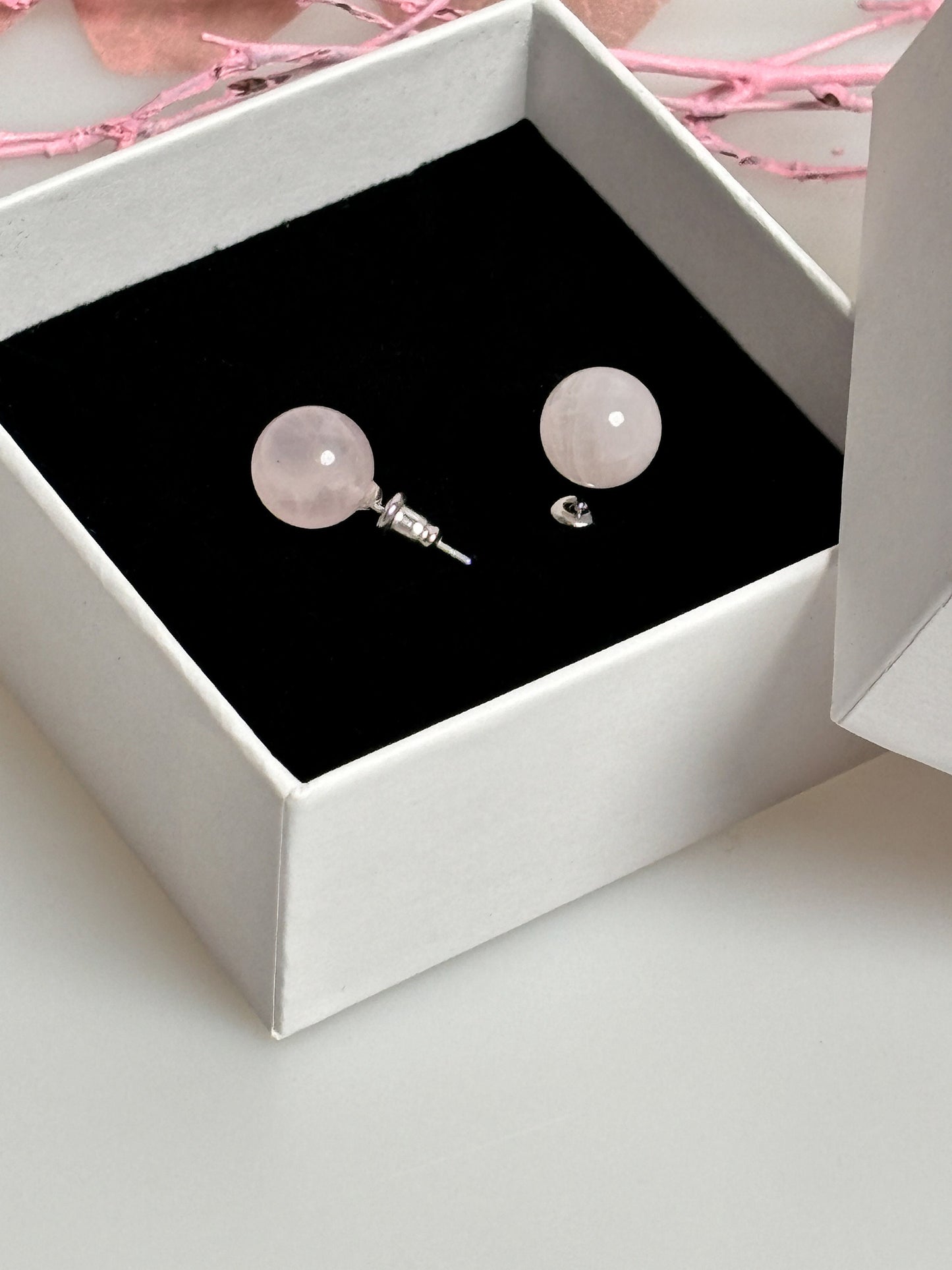 Stainless steel earrings with 8mm rose quartz beads