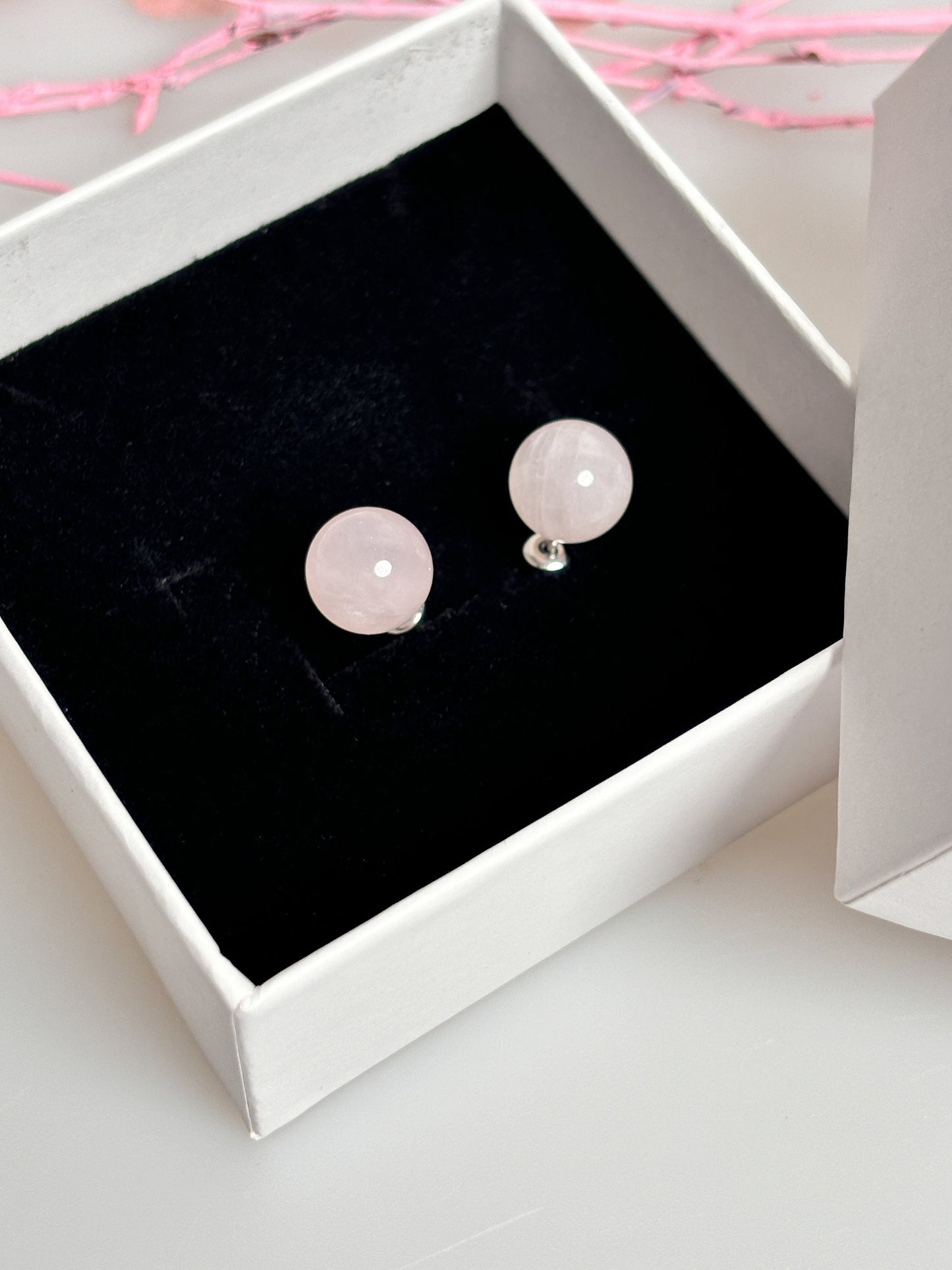 Stainless steel earrings with 8mm rose quartz beads