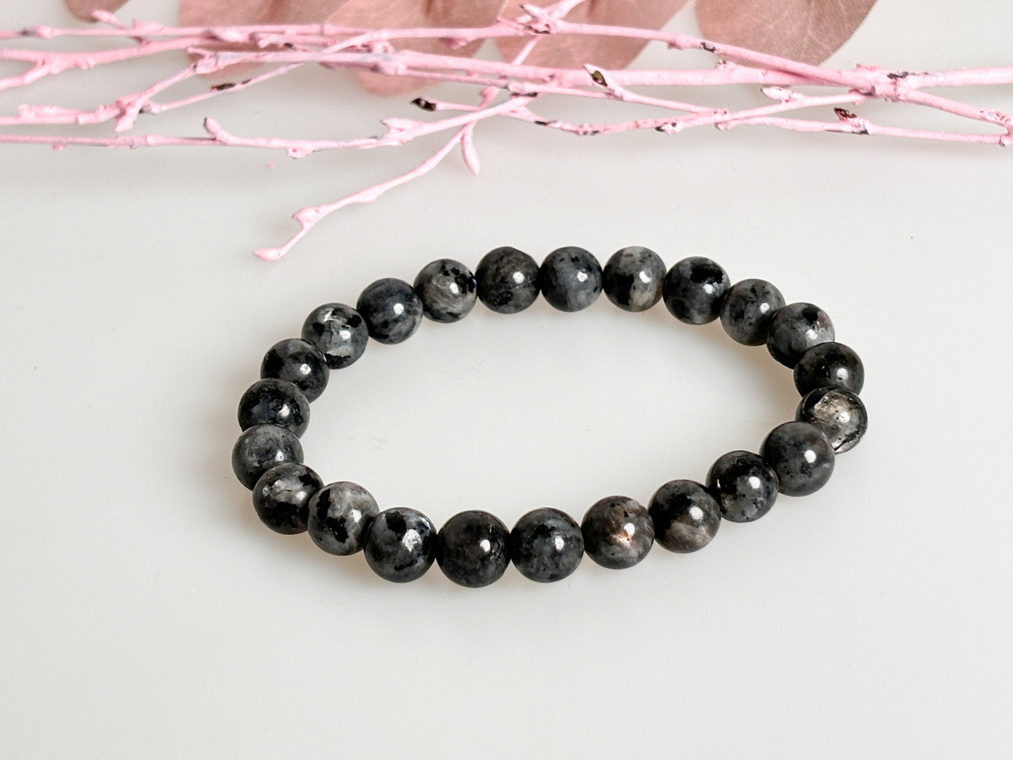 Naturally shimmering: Elastic Larvikite pearl bracelet, 8mm pearls, length approx. 17.5cm