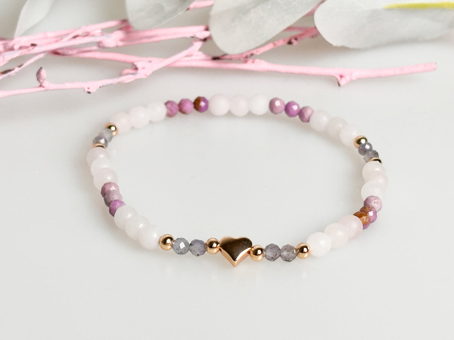 Delicate Rose Quartz, Kyanite and Phosphosiderite Bracelet - Elastic 3mm Bead Bracelet
