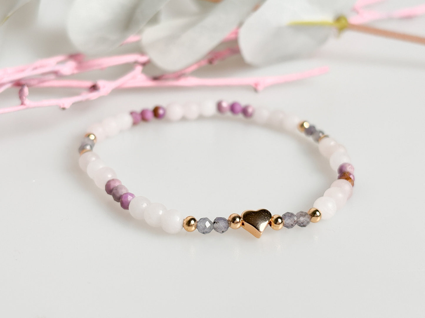 Delicate Rose Quartz, Kyanite and Phosphosiderite Bracelet - Elastic 3mm Bead Bracelet