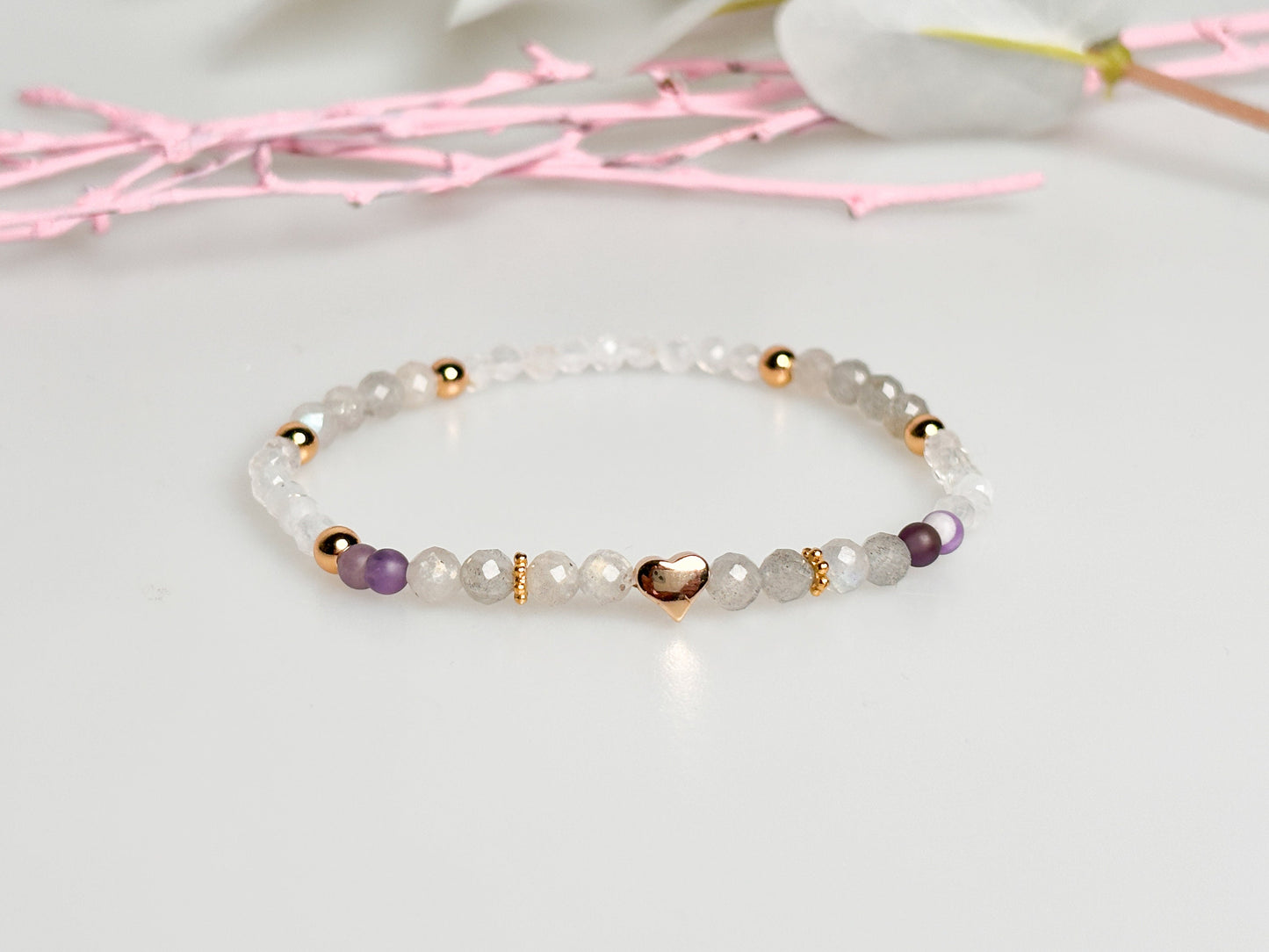 Delicate bracelet with rose quartz, labradorite, moonstone and amethyst