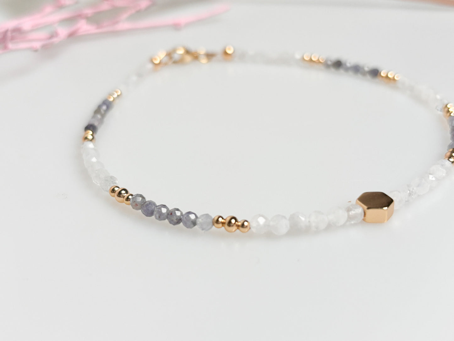 Anklet with moonstone and kyanite beads 3mm, gold clasp length 25 cm with extension chain 5cm