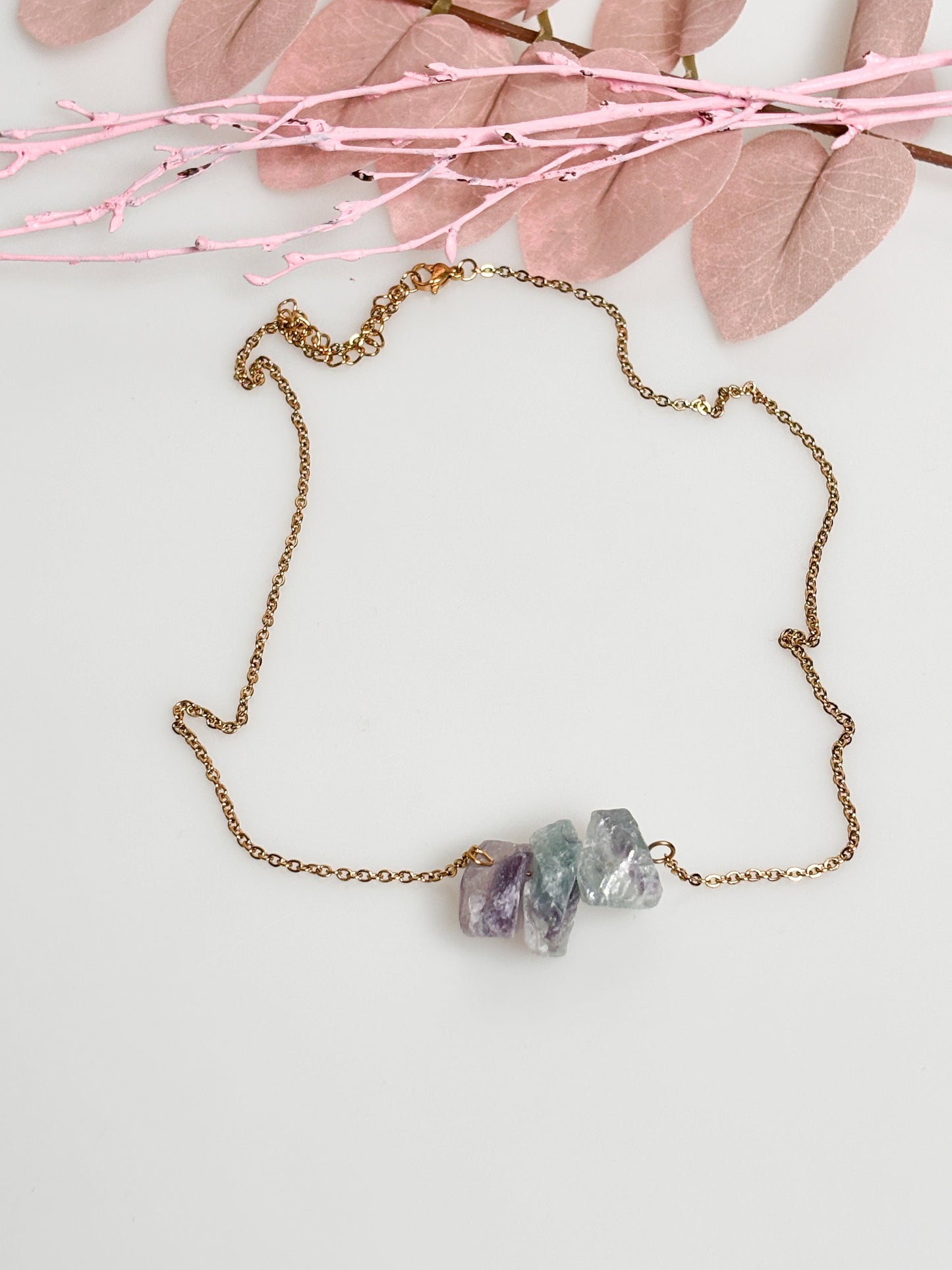 Rainbow fluorite raw stone necklace in gold | stainless steel