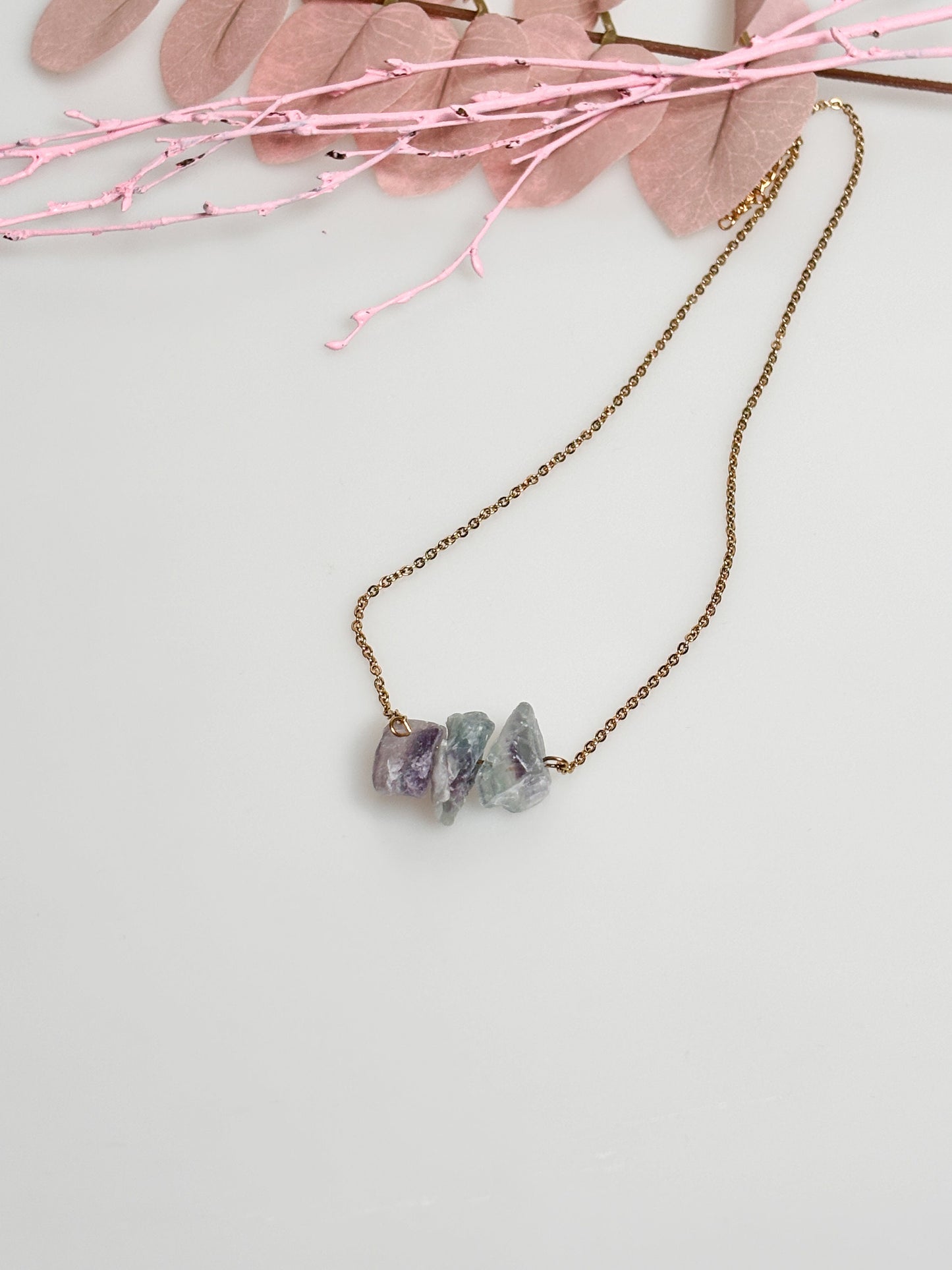 Rainbow fluorite raw stone necklace in gold | stainless steel